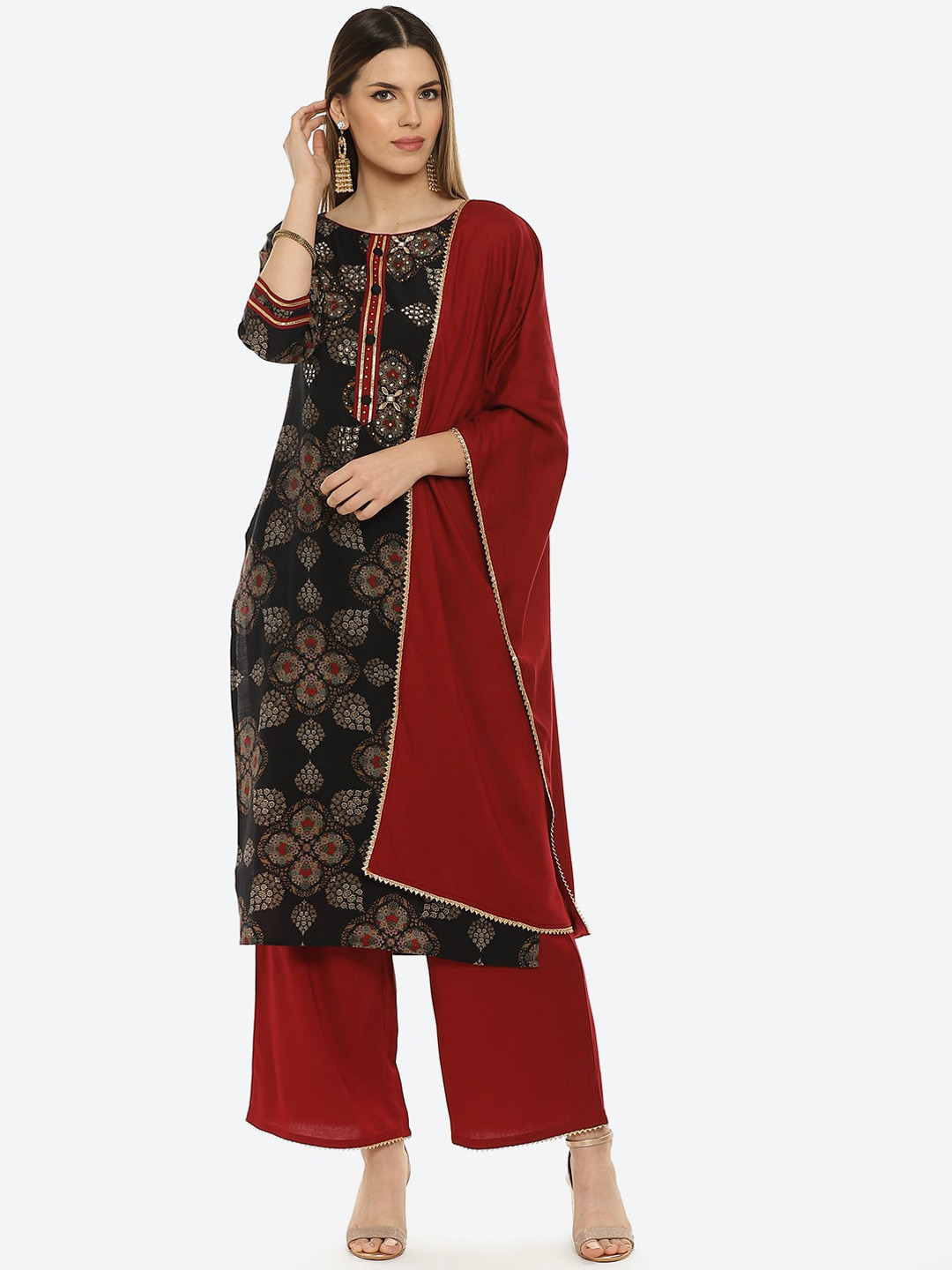 Kurti's by Menka Women Black & Red Printed Kurta with Palazzos & Dupatta