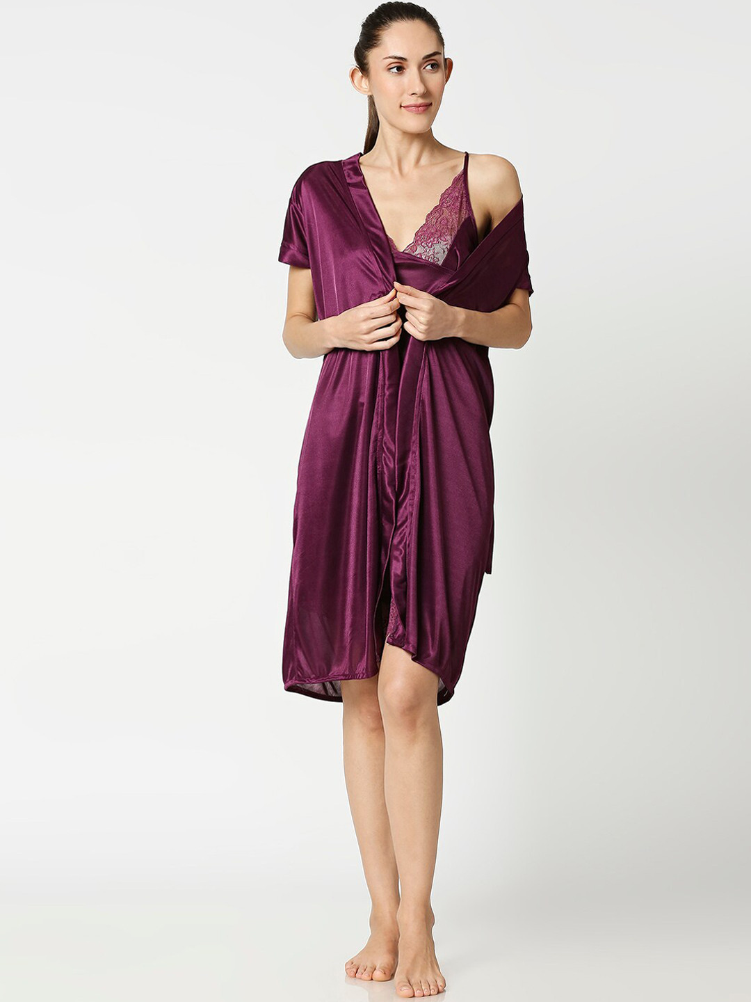 AV2 Purple Solid Nightdress with Robe