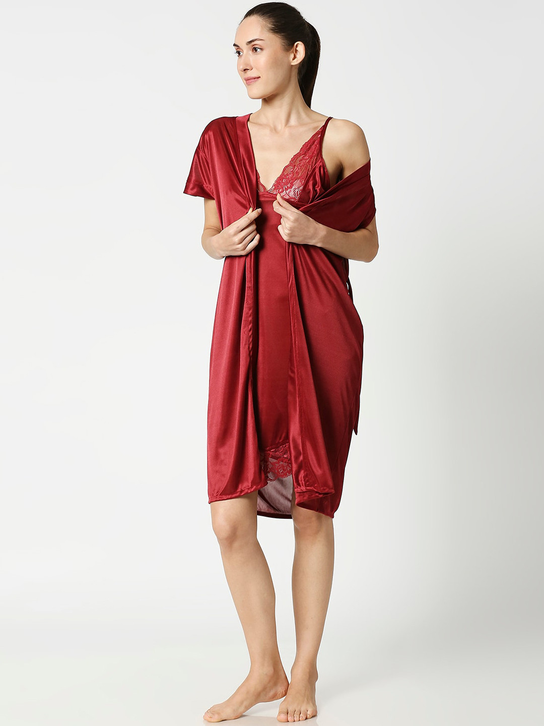 AV2 Maroon Solid Nightdress with Robe