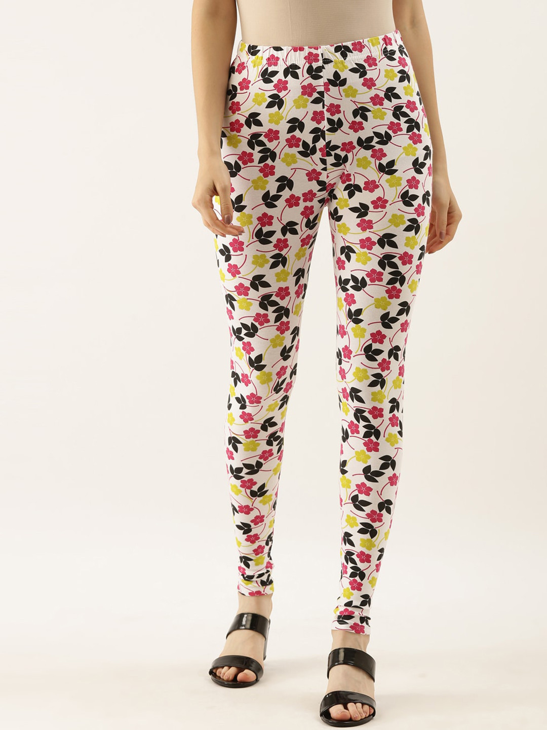 Souchii Women White & Pink Floral Printed Ankle-Length Leggings