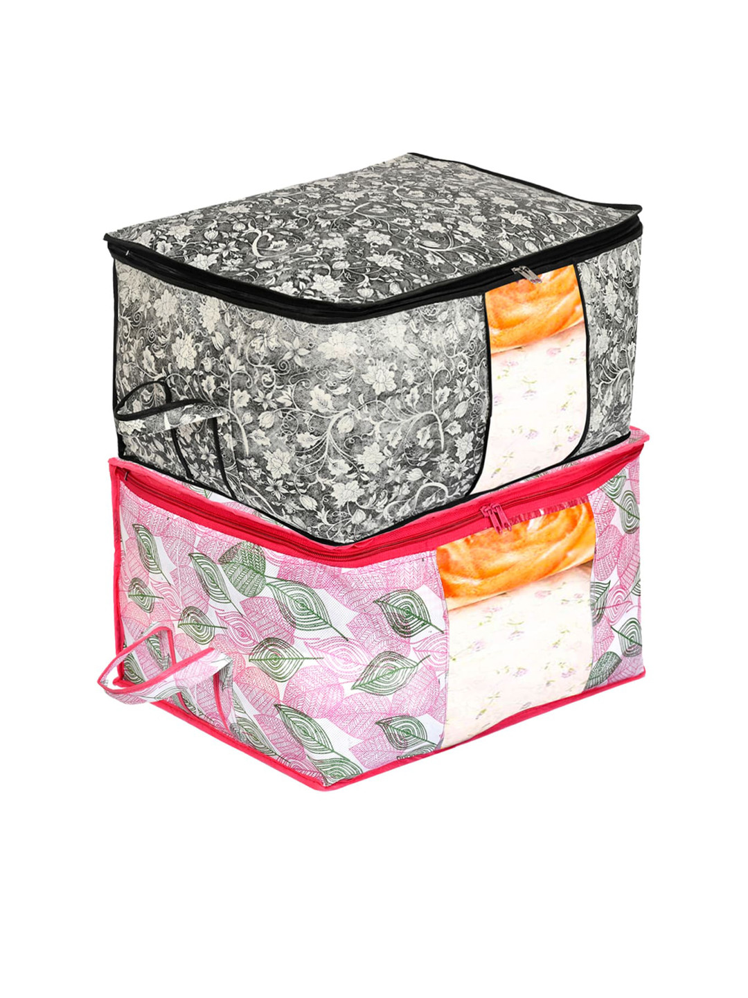Kuber Industries Set Of 2 Pink & Black Metallic Printed Under Bed Storage Bags