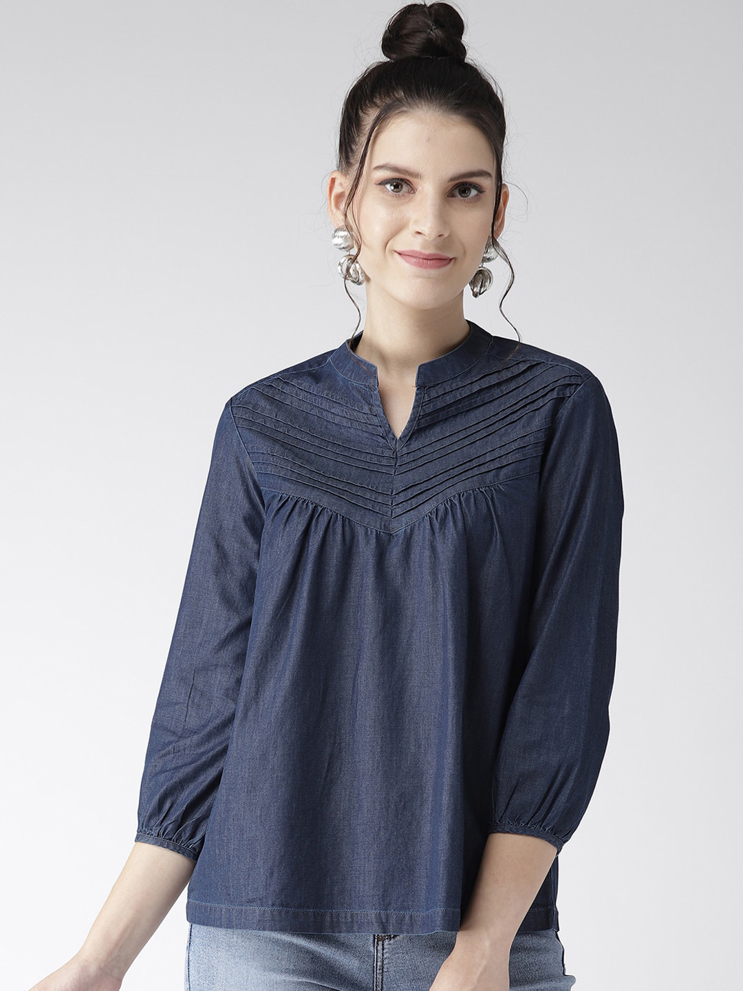 Xpose Navy Blue Mandarin Collar Denim  Regular Top