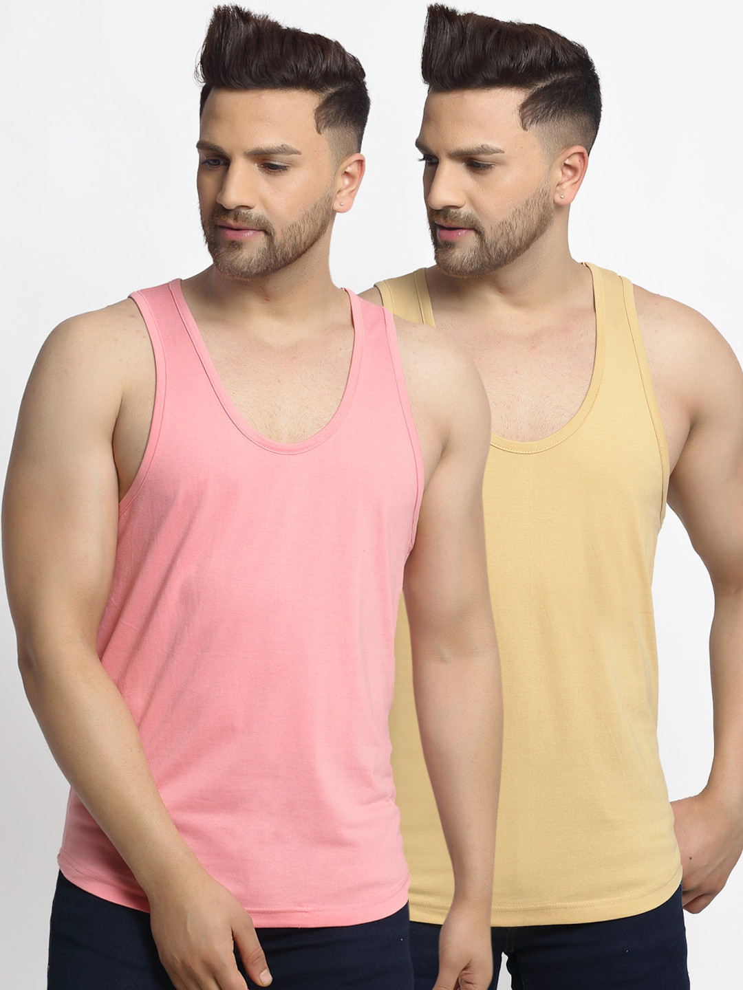 Friskers Men Pack Of 2 Beige & Pink Solid Gym Vests
