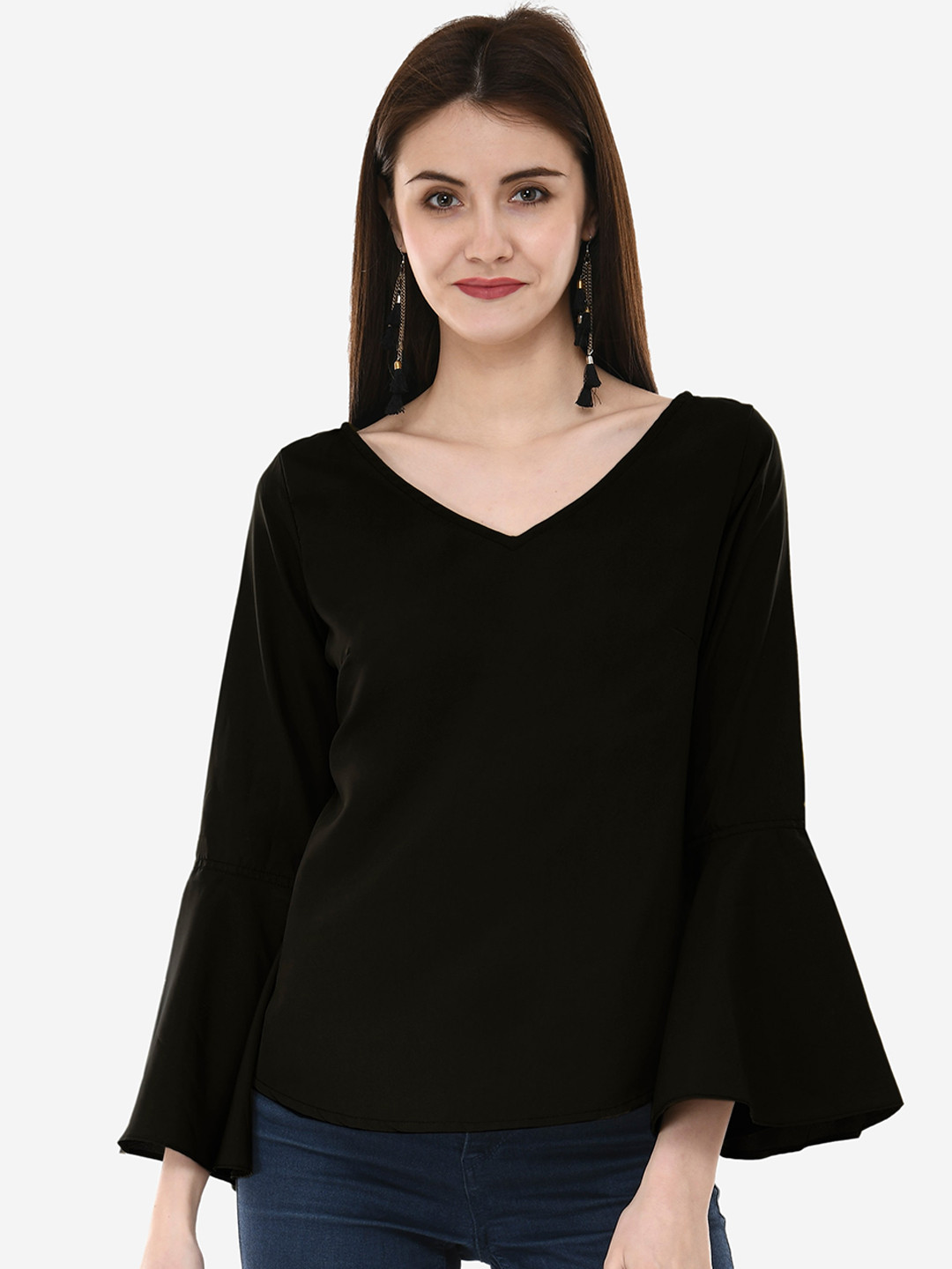 V&M Black Bell Sleeves Crepe Regular Top
