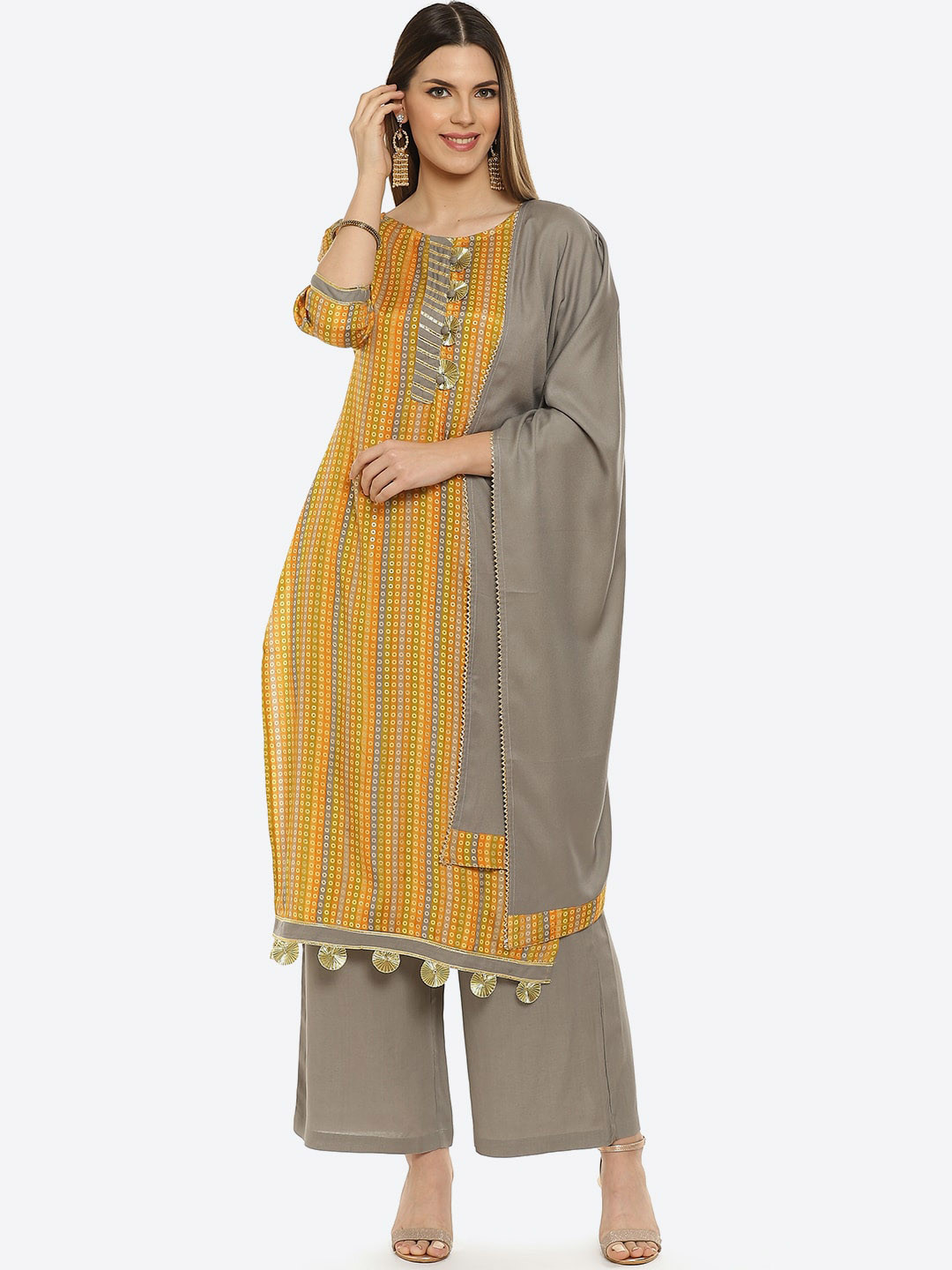 Kurti's by Menka Women Yellow Striped Kurti with Palazzos & Dupatta