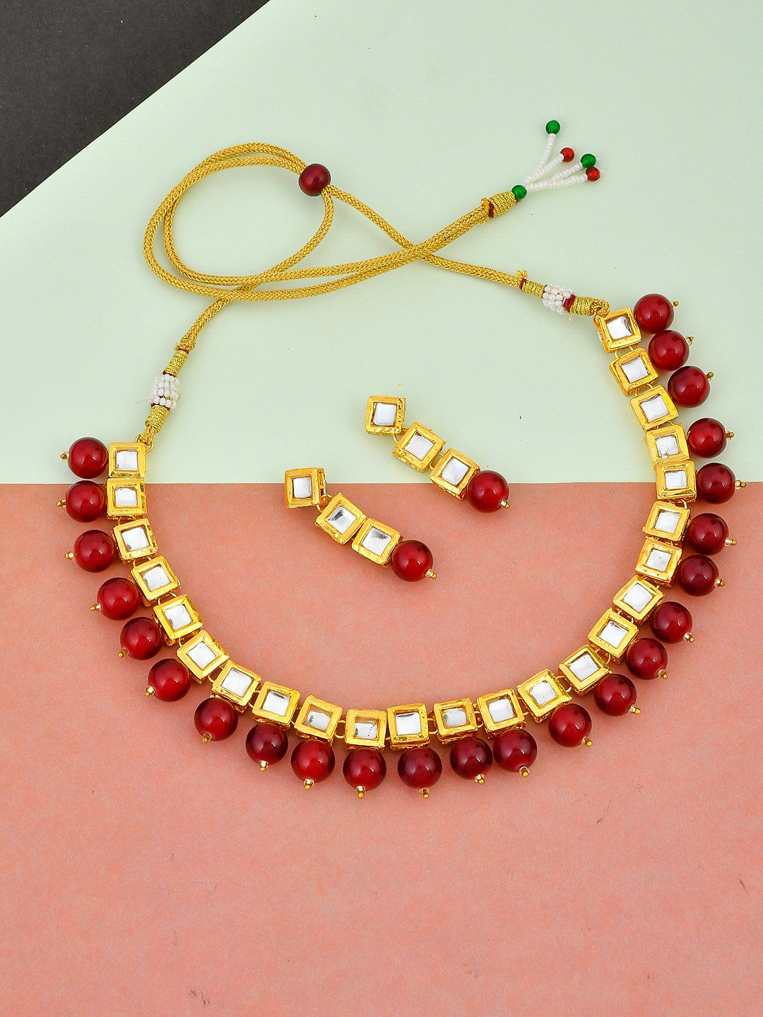 Silvermerc Designs Gold-Plated White & Red Kundan-Studded Jadau Handcrafted Jewellery Set