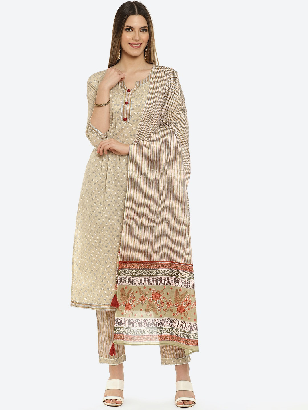 Kurti's by Menka Women Cream-Coloured Striped Kurti with Trousers & Dupatta