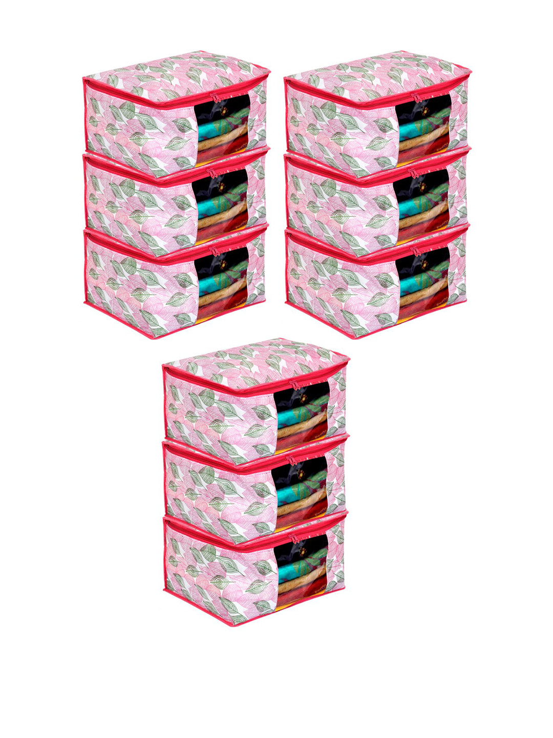 Kuber Industries Set Of 9 Pink & White Metallic Leaf Printed Saree Organisers