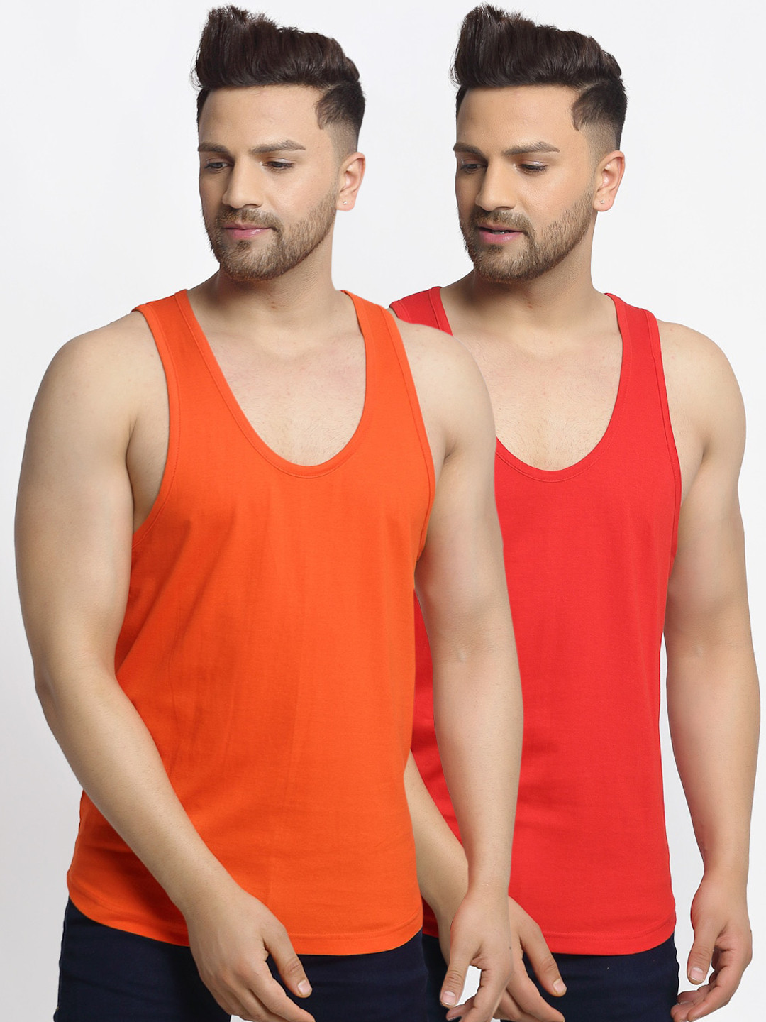 Friskers Men Pack Of 2 Red & Orange Solid Pure Cotton Gym Vests