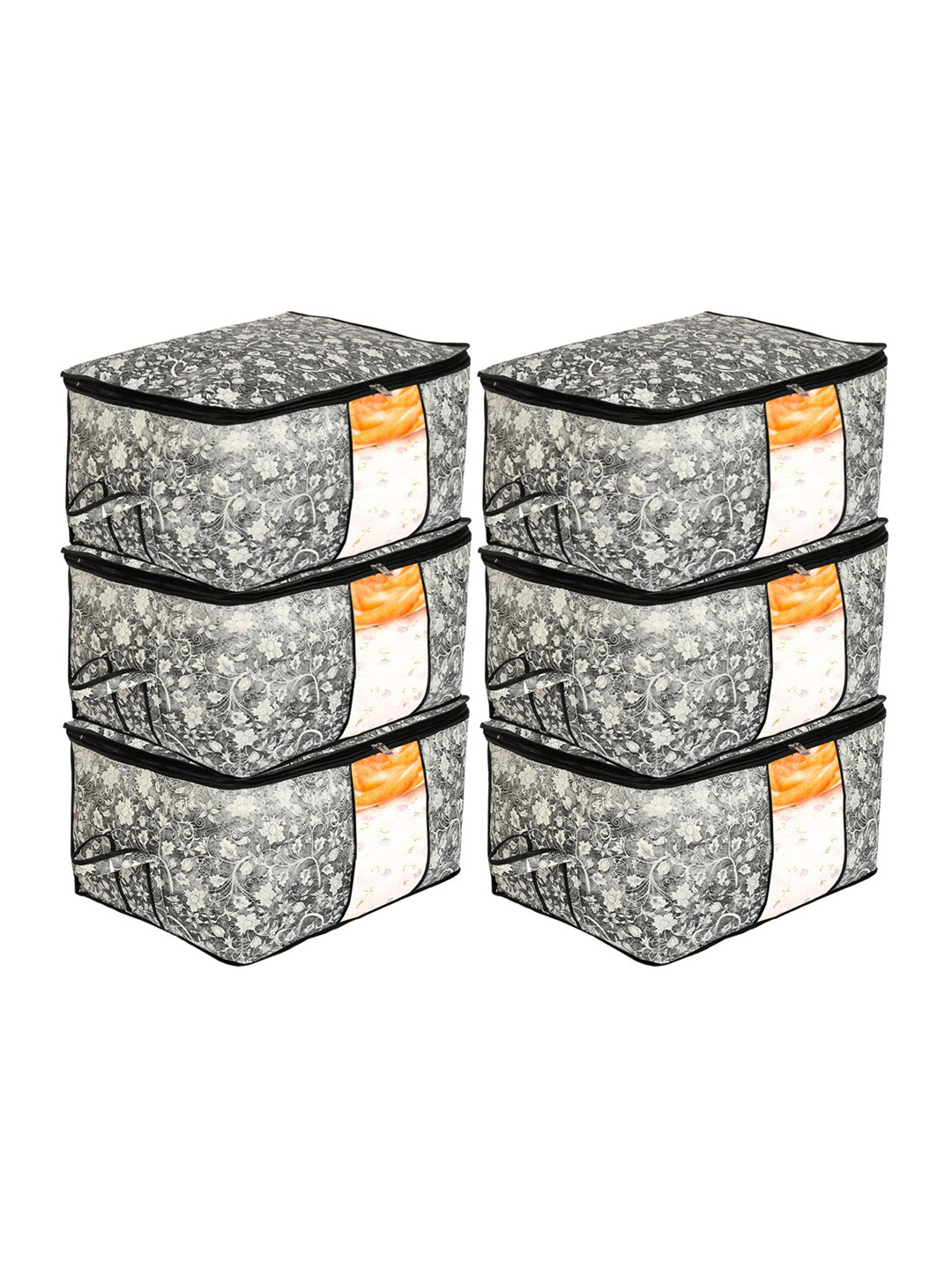 Kuber Industries Set Of 6 Black & White Metallic Flower Printed Wardrobe Organizers