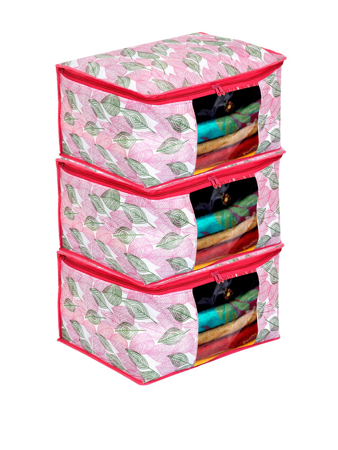 Kuber Industries Set Of 3 Pink & White Metallic Leaf Printed Saree Organisers