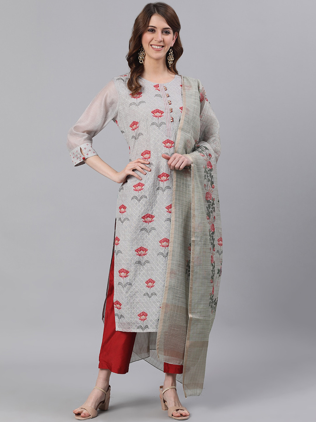 Jaipur Kurti Women Grey & Red Printed Kurta with Trousers & Dupatta