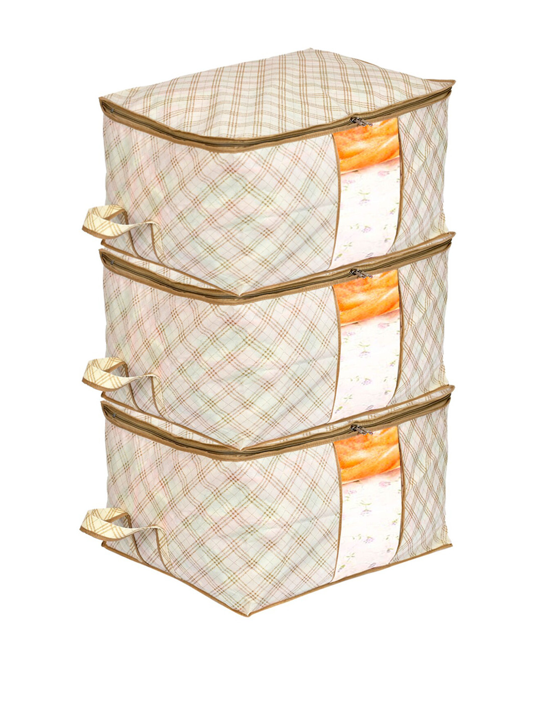 Kuber Industries Set Of 3 Beige & Khaki-Coloured Metallic Checked Wardrobe Organizers
