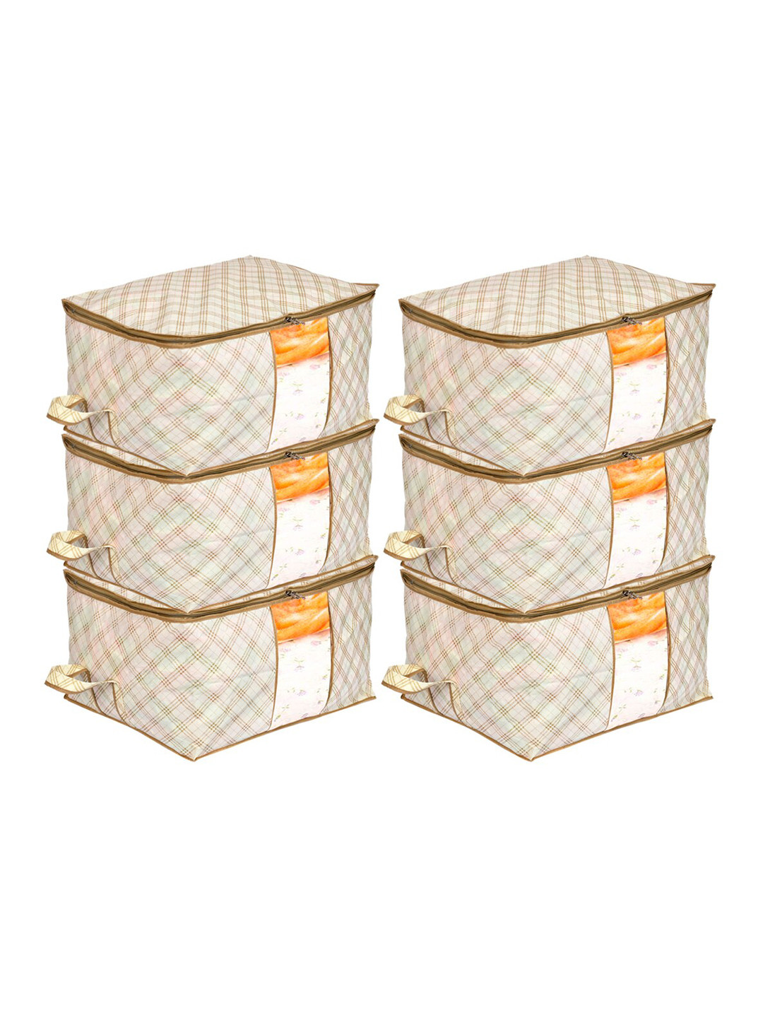 Kuber Industries Set Of 6 Cream-Colour & Brown Checked Saree Covers
