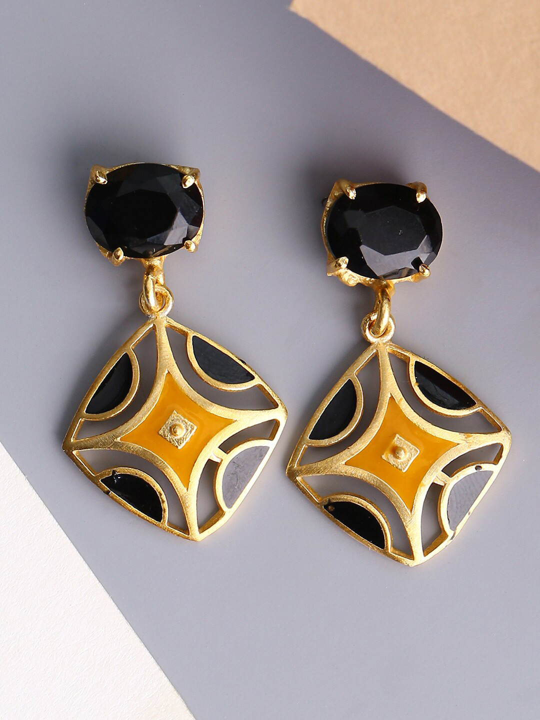 Shoshaa Black & Mustard Contemporary Drop Earrings
