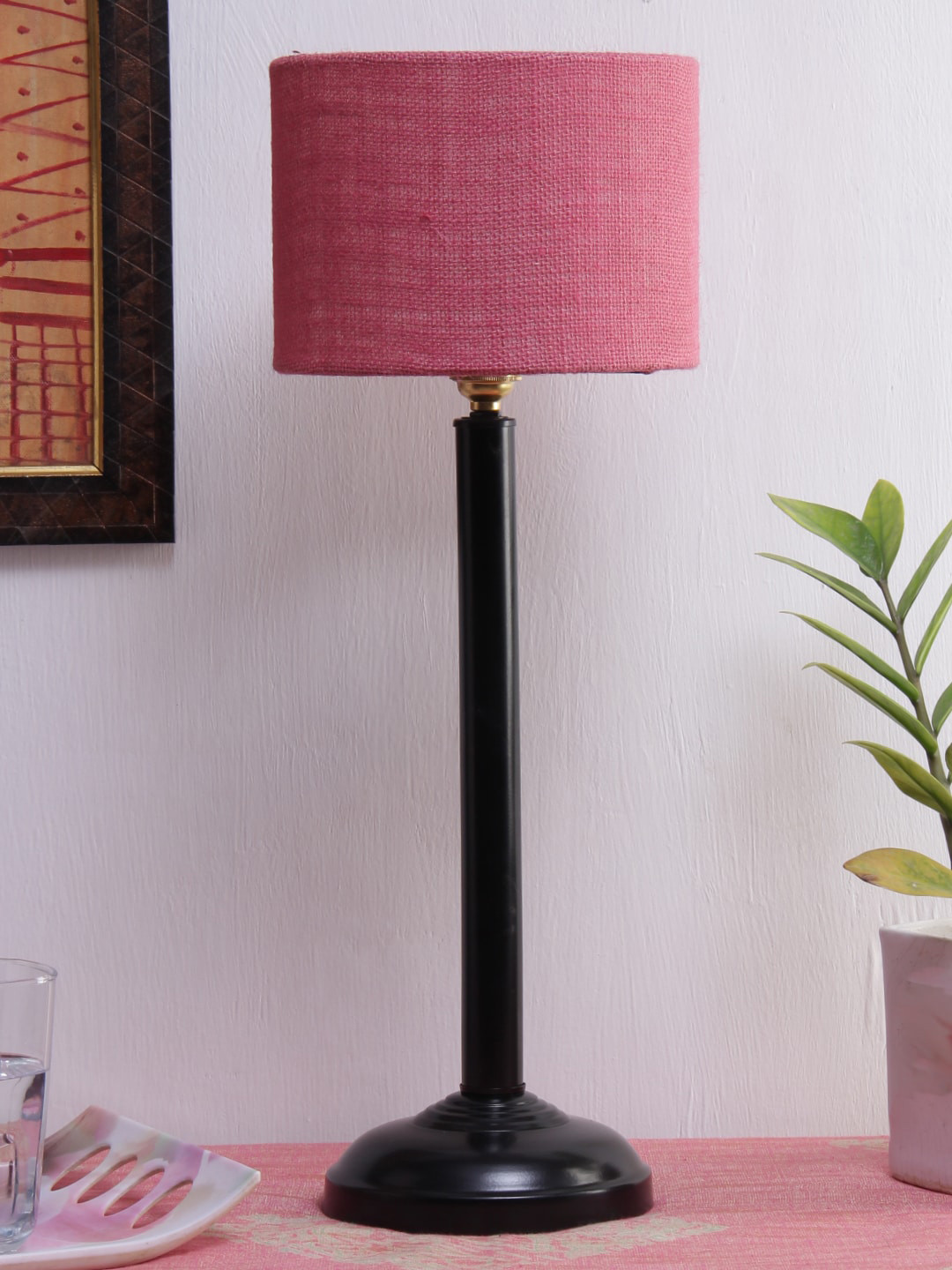 Devansh Pink & Black Solid Traditional Buffet Table Lamp with Jute Shade