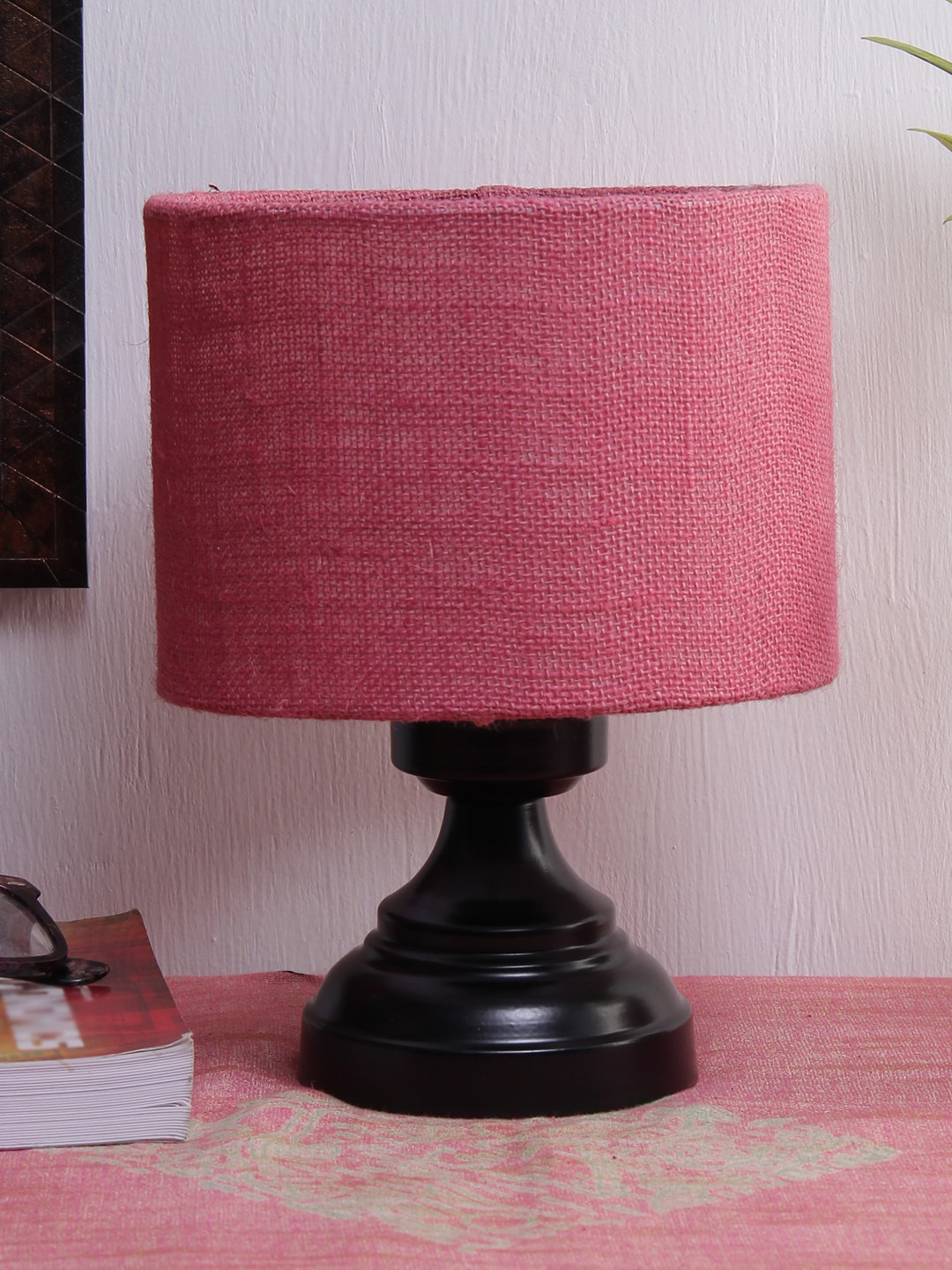 Devansh Pink & Black Solid Traditional Buffet Table Lamp with Shade