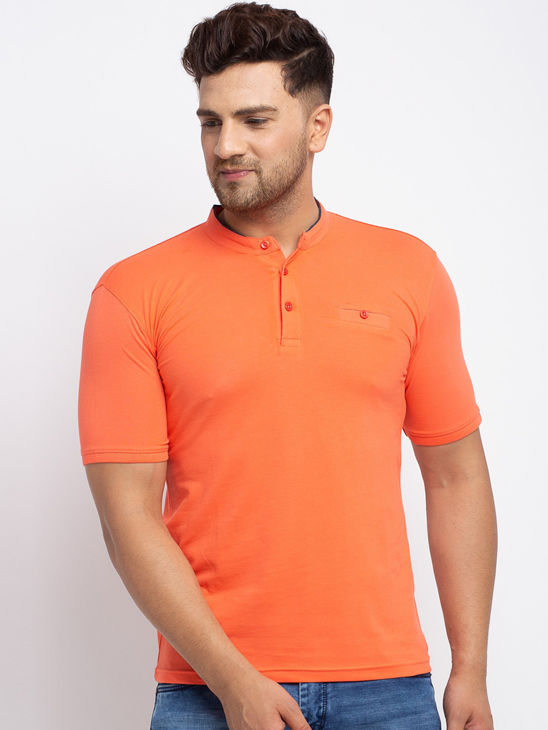 Rodamo Men Orange Solid Henley Neck Cotton T-shirt