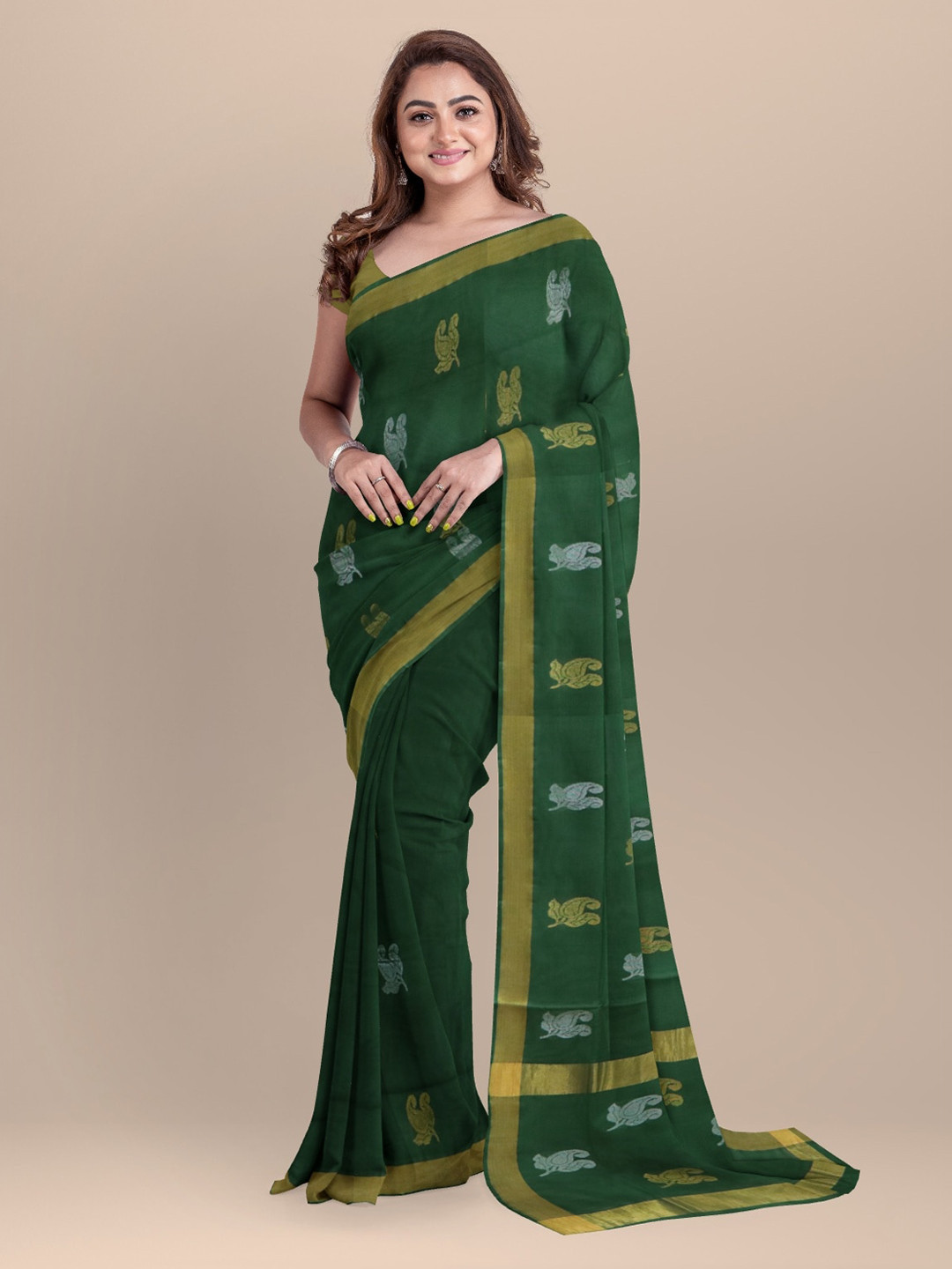 APCO Green Pure Cotton Printed Venkatgiri Saree