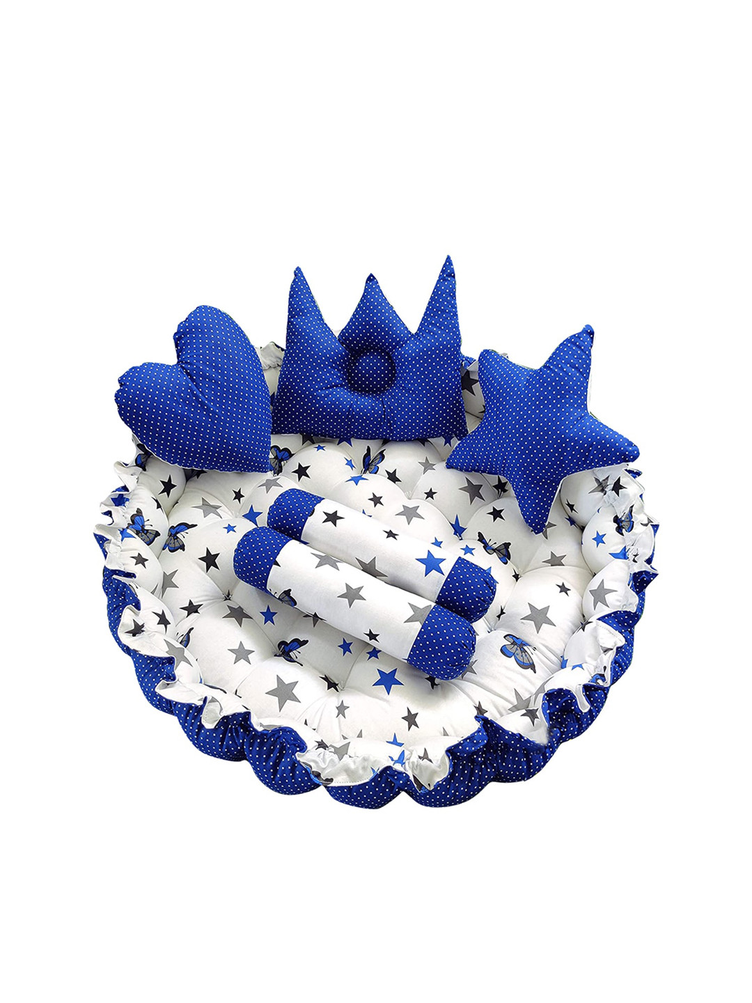 LOREM Infants Blue & White Printed Circular Tub Bed with 5 Pillow Set