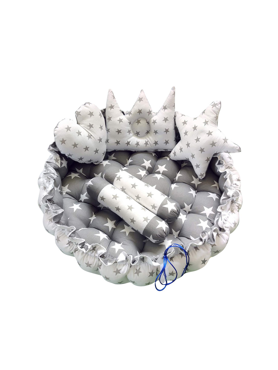 LOREM Infants Grey & White Printed Circular Tub Bed with 5 Pillow Set