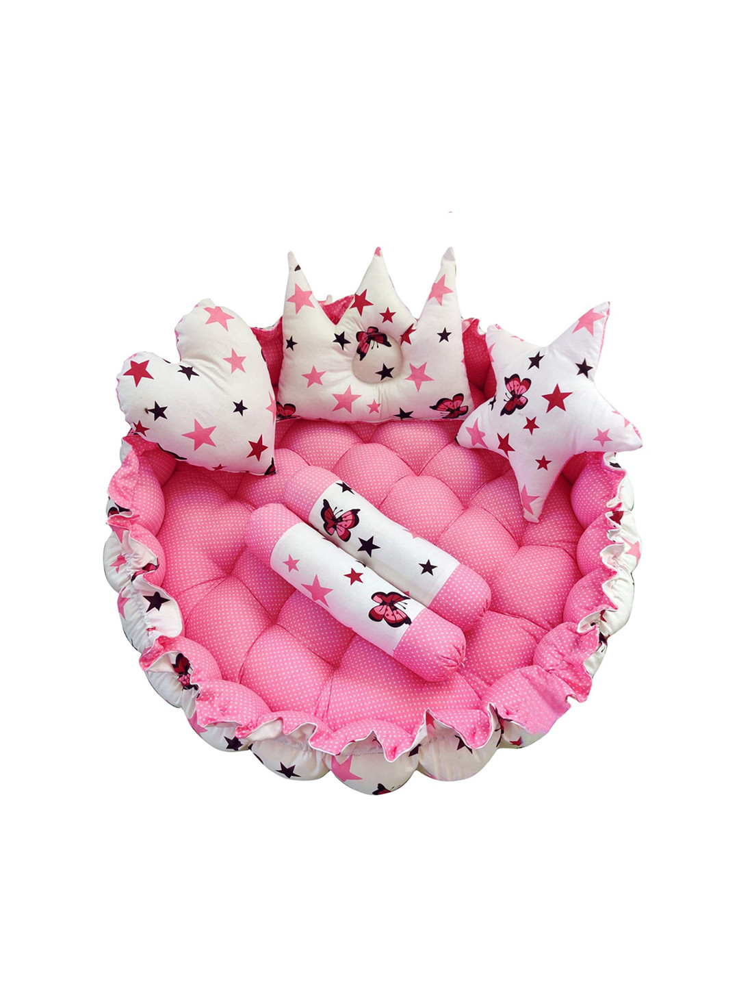 LOREM Infants Pink & White Printed Circular Tub Bed with 5 Pillow Set