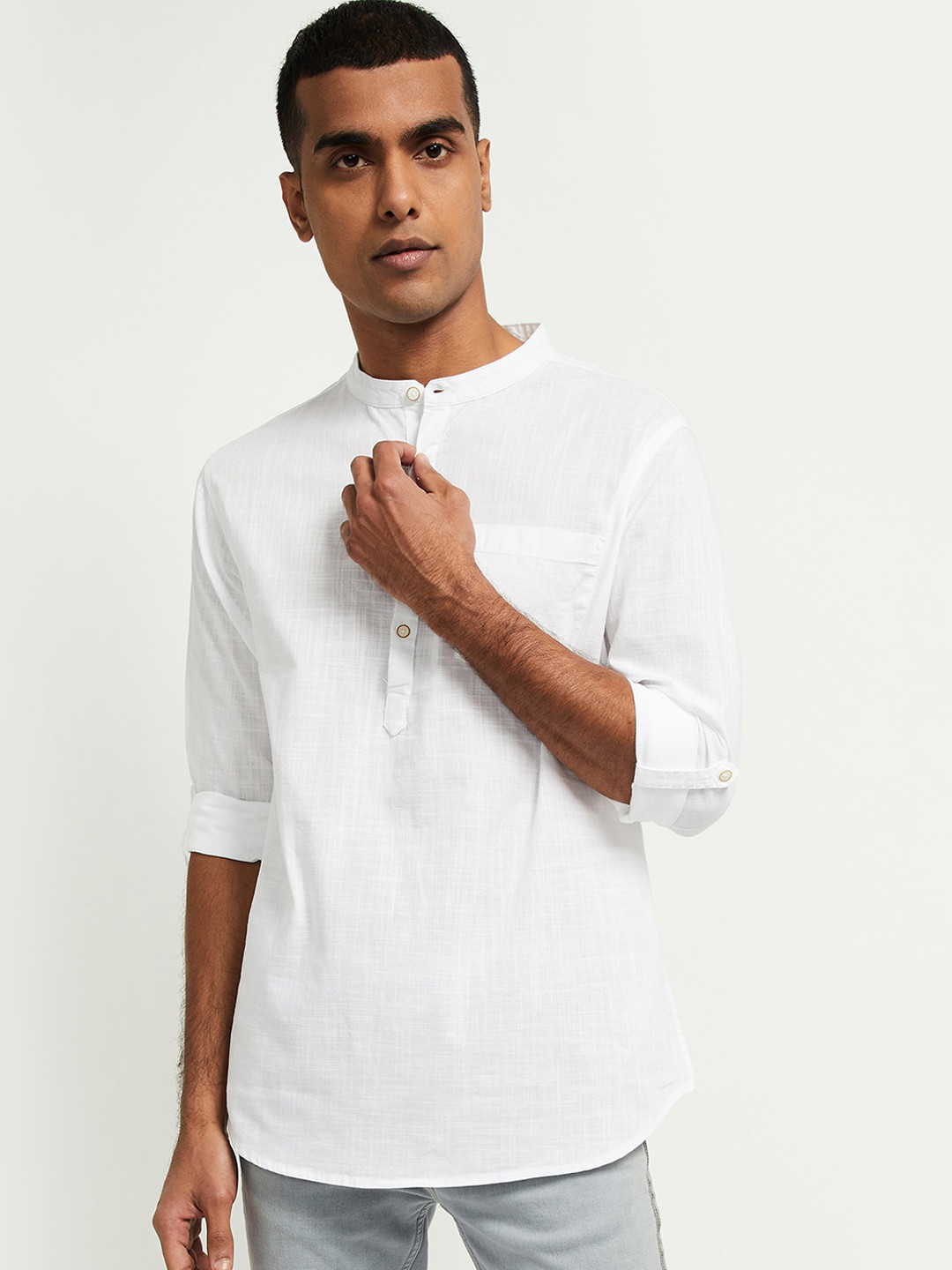 max Men White Above Knee Solid Kurta