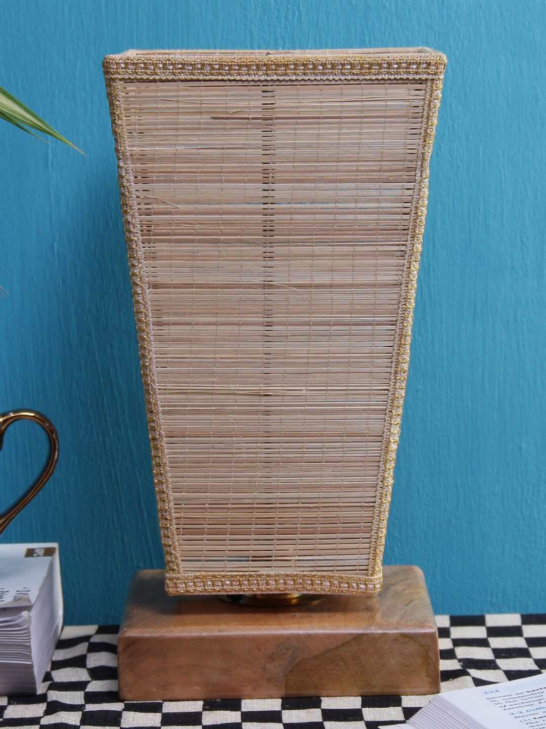 Devansh Beige & Copper-Toned Self Design Traditional Column Table Lamp with Shade