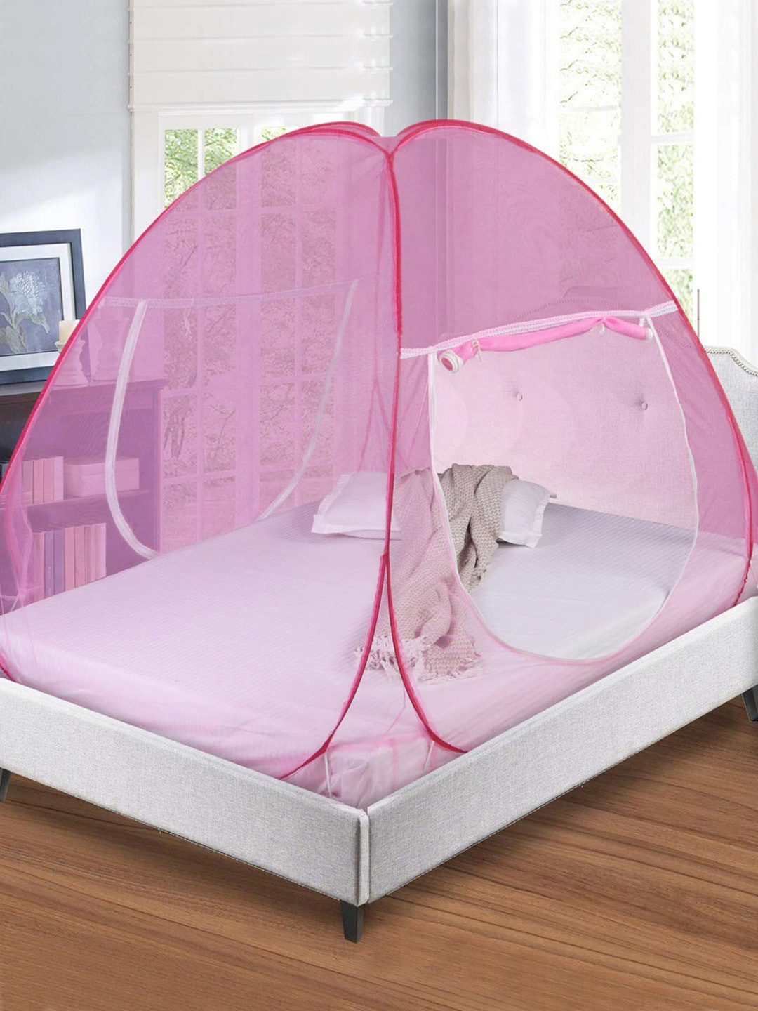 Kuber Industries White & Pink Solid Polyester Foldable Mosquito Net