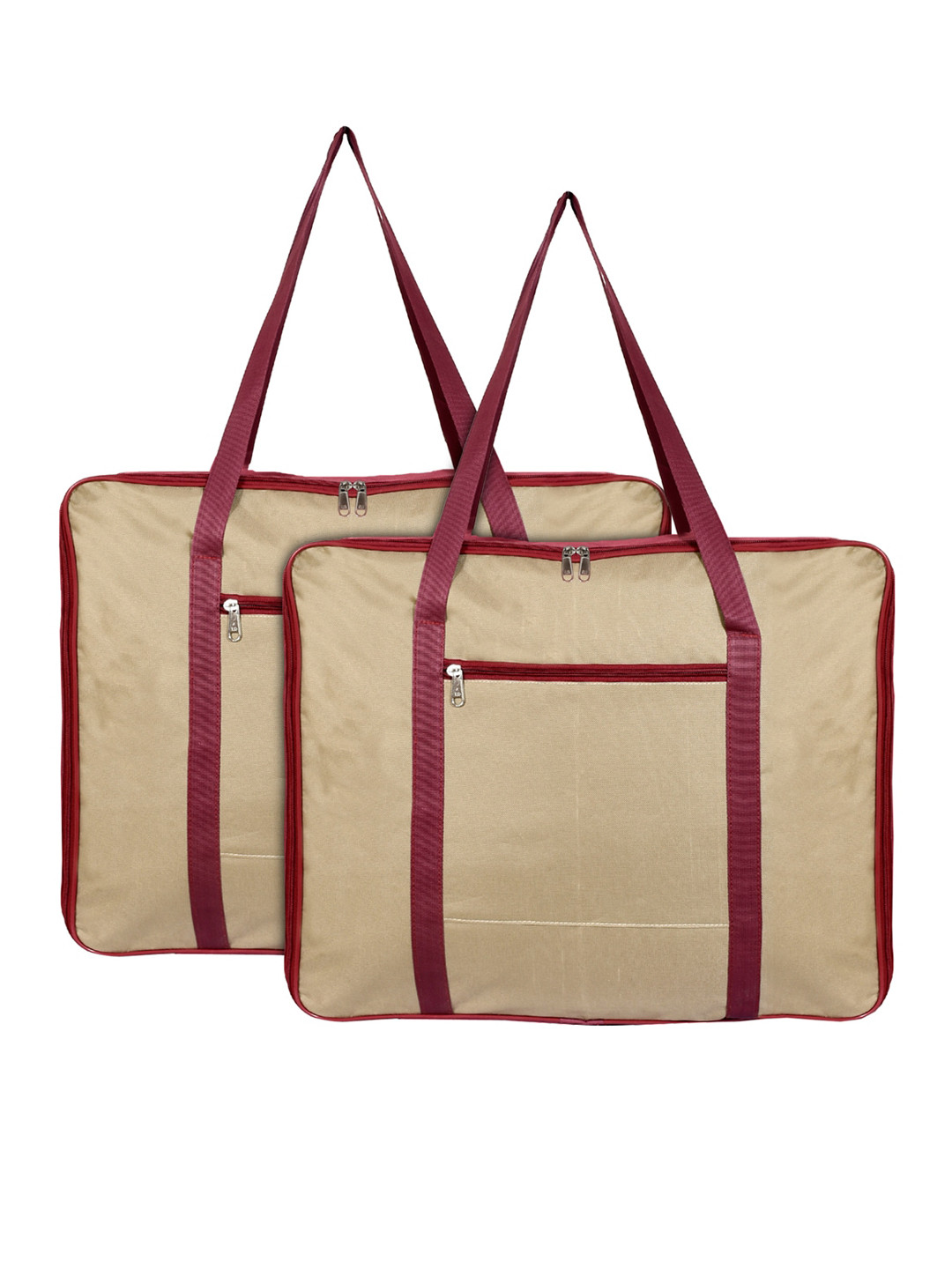 Kuber Industries Set Of 2 Beige & Maroon Solid Foldable Underbed Wardrobe Storage Organizers