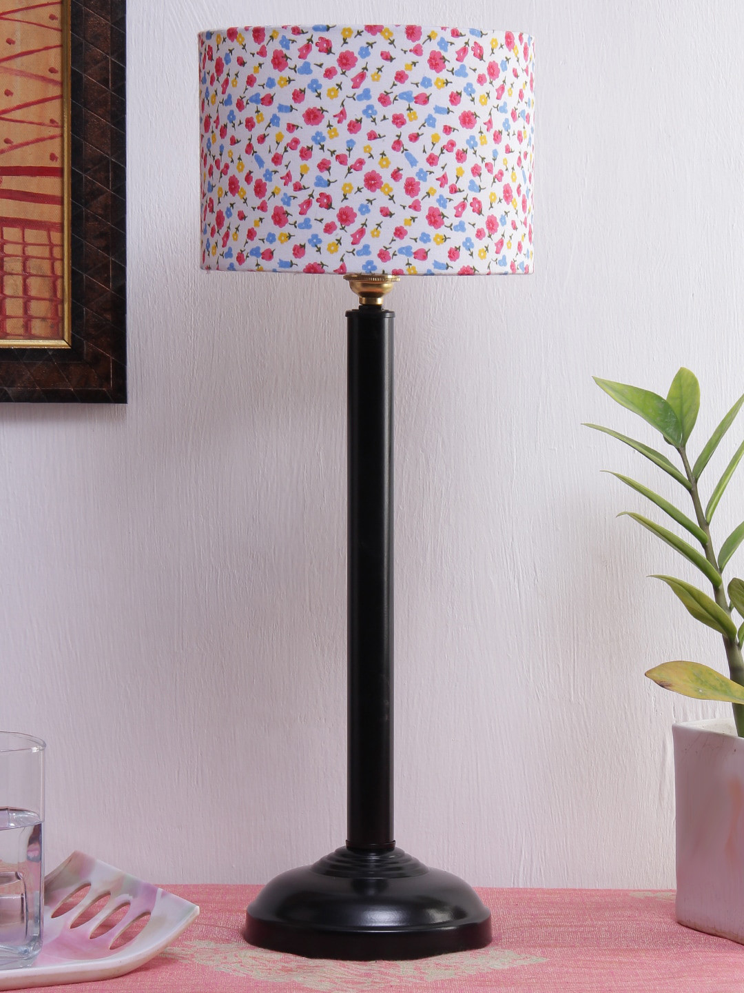 Devansh White & Pink Floral Printed Traditional Buffet Table Lamp with Shade