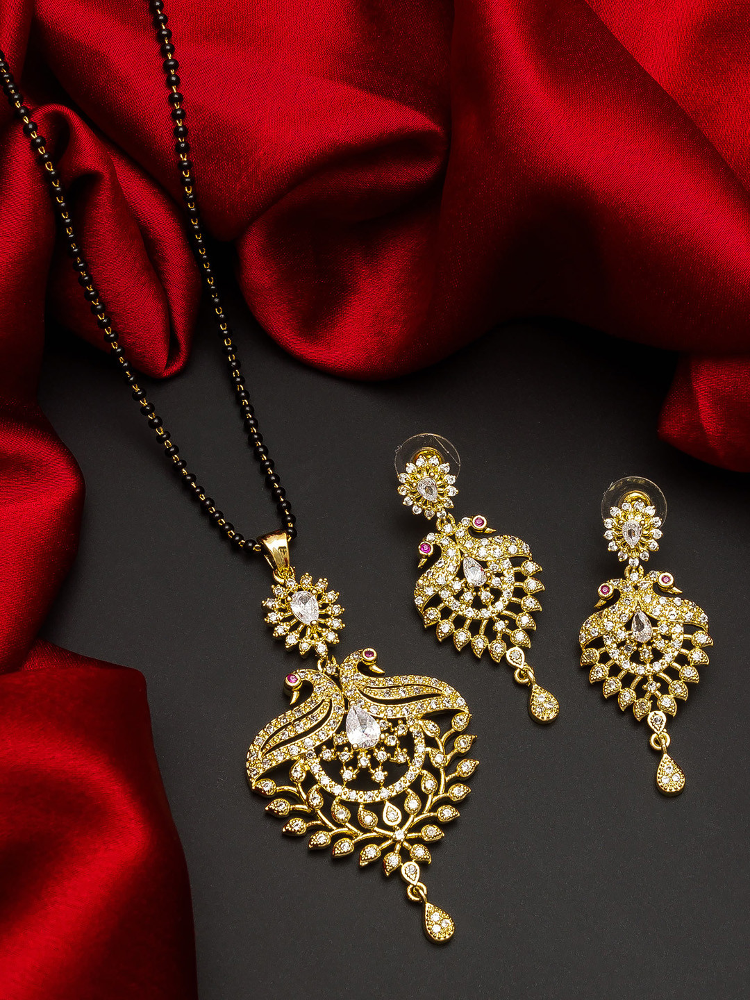 aadita Gold-Plated Black Beaded White & White Stone-Studded Mangalsutra With Earrings