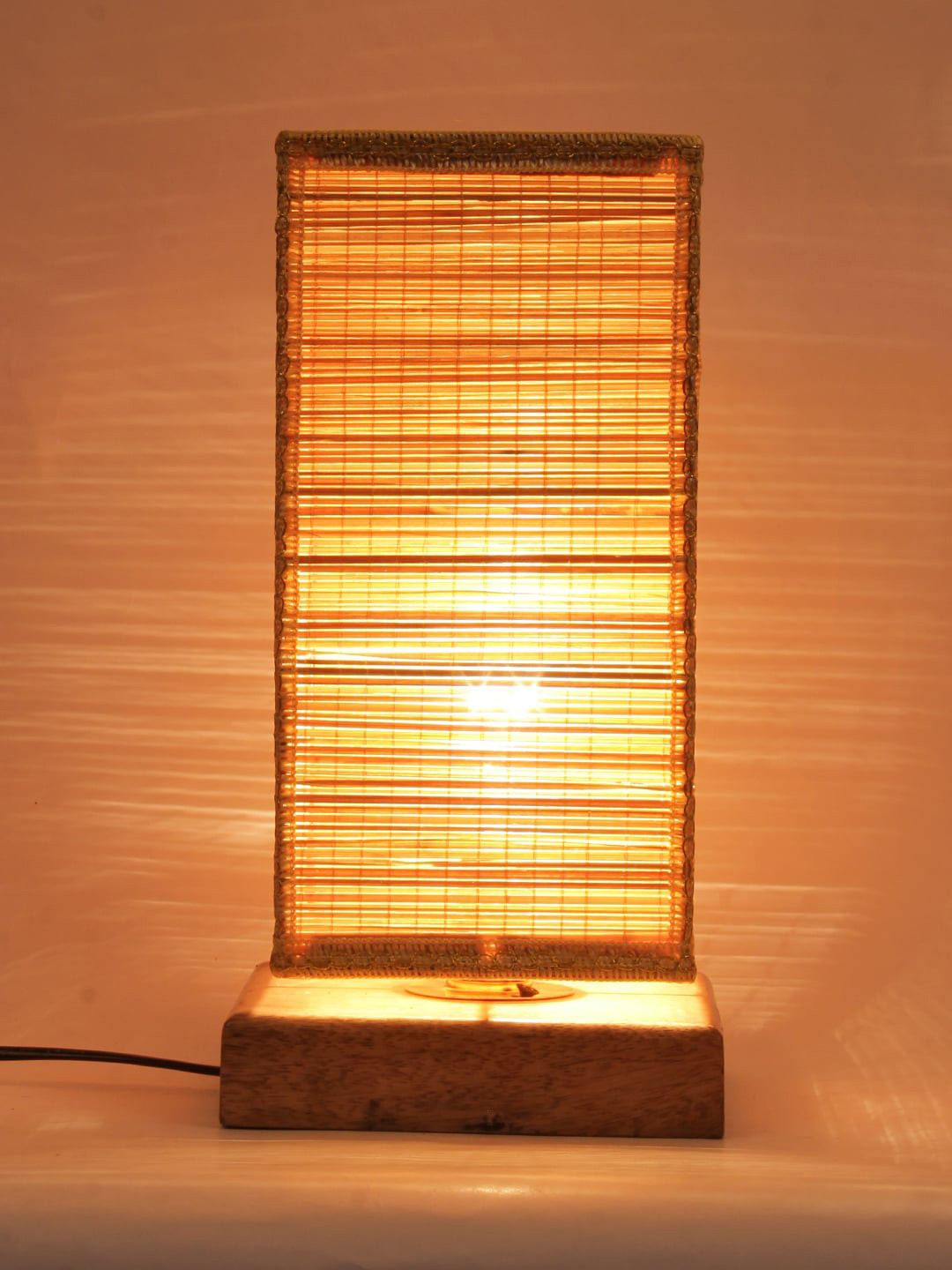Devansh Beige & Gold-Toned Self Design Traditional Column Table Lamp with Bamboo Shade
