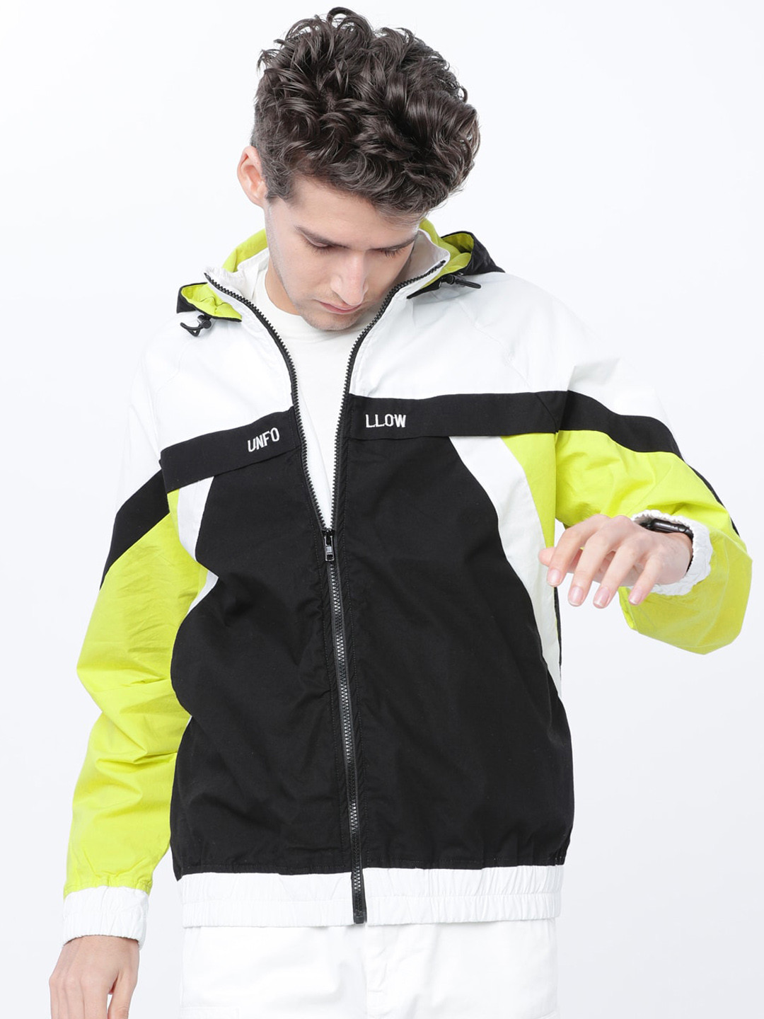 HIGHLANDER Men Black & White Colourblocked Lightweight Cotton Bomber Jacket