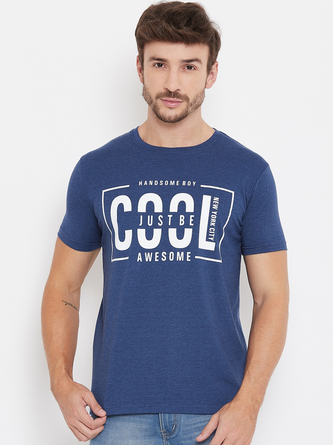 Bishop Cotton Men Blue Printed Round Neck T-shirt