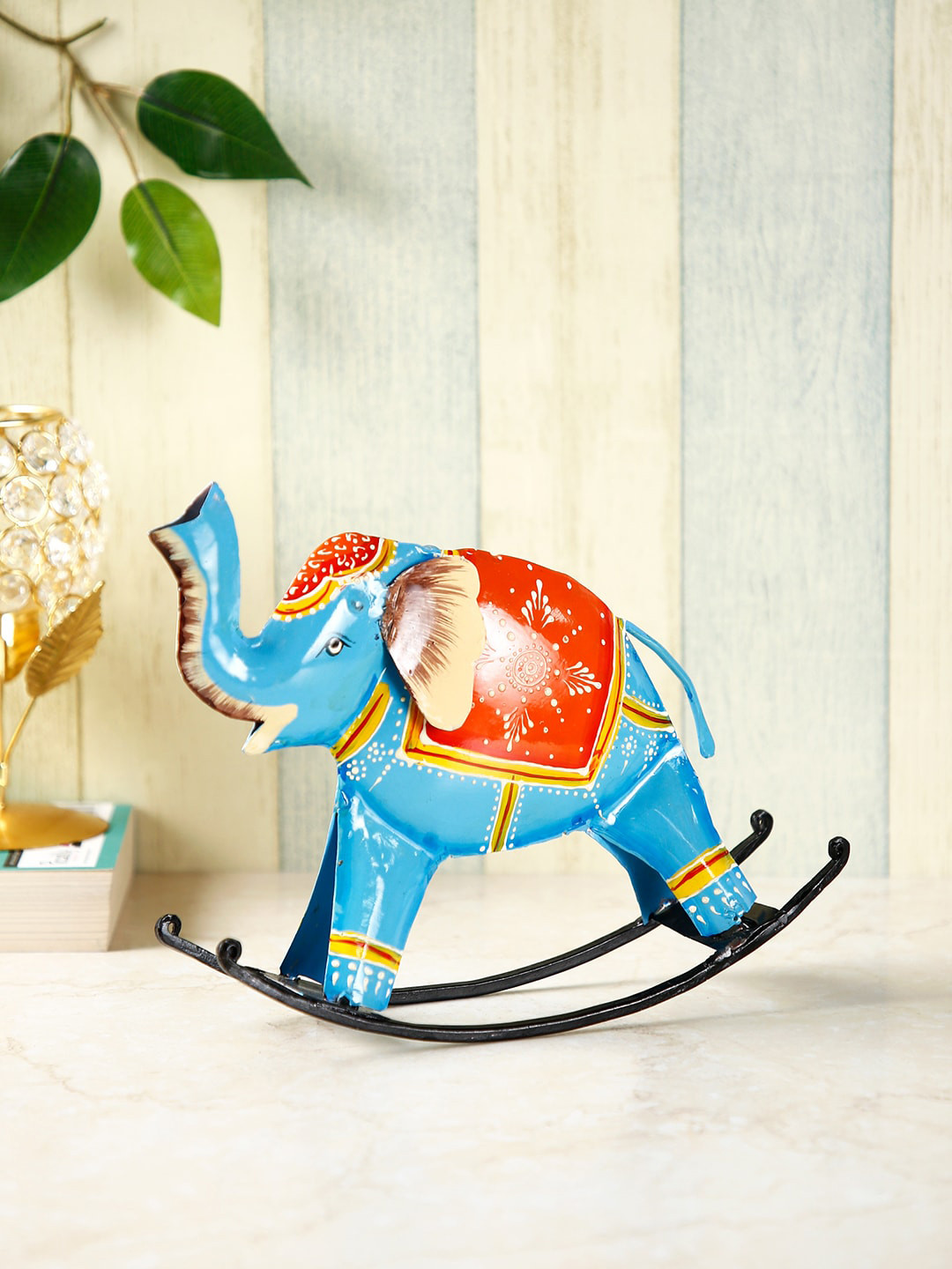 CraftVatika Swing Elephant Trunk Up Blue Metal Metallic Living Room Small Showpiece - 7 Inches
