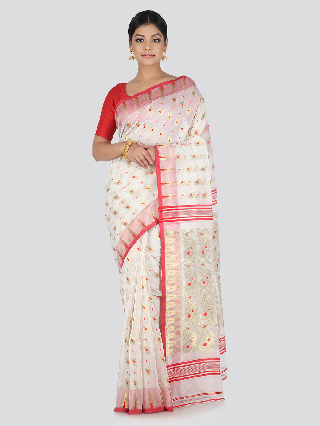 PinkLoom White & Red Cotton Blend Woven Design Handloom Saree