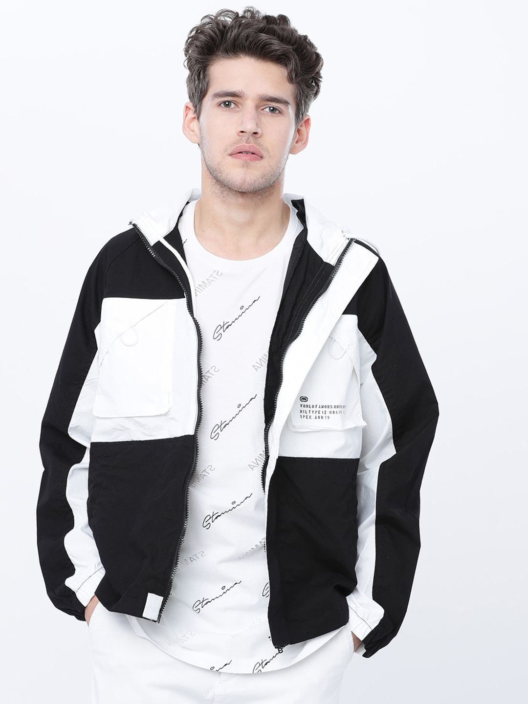HIGHLANDER Men Black & White Colourblocked Lightweight Cotton Bomber Jacket