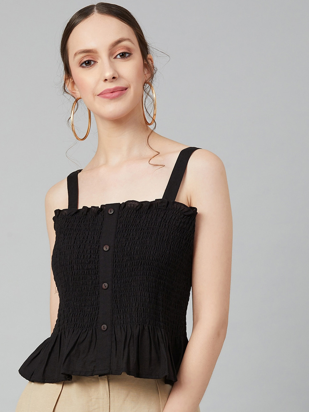 Marie Claire Black Pure Cotton Smocking Peplum Top