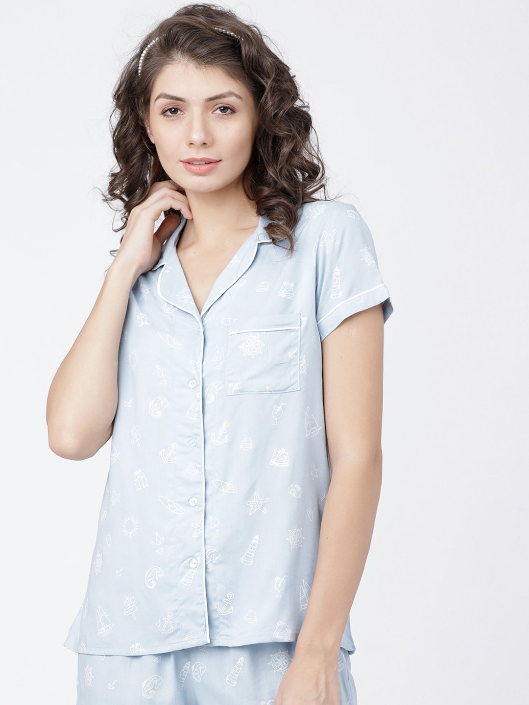 Tokyo Talkies Women Blue Printed Nightdress