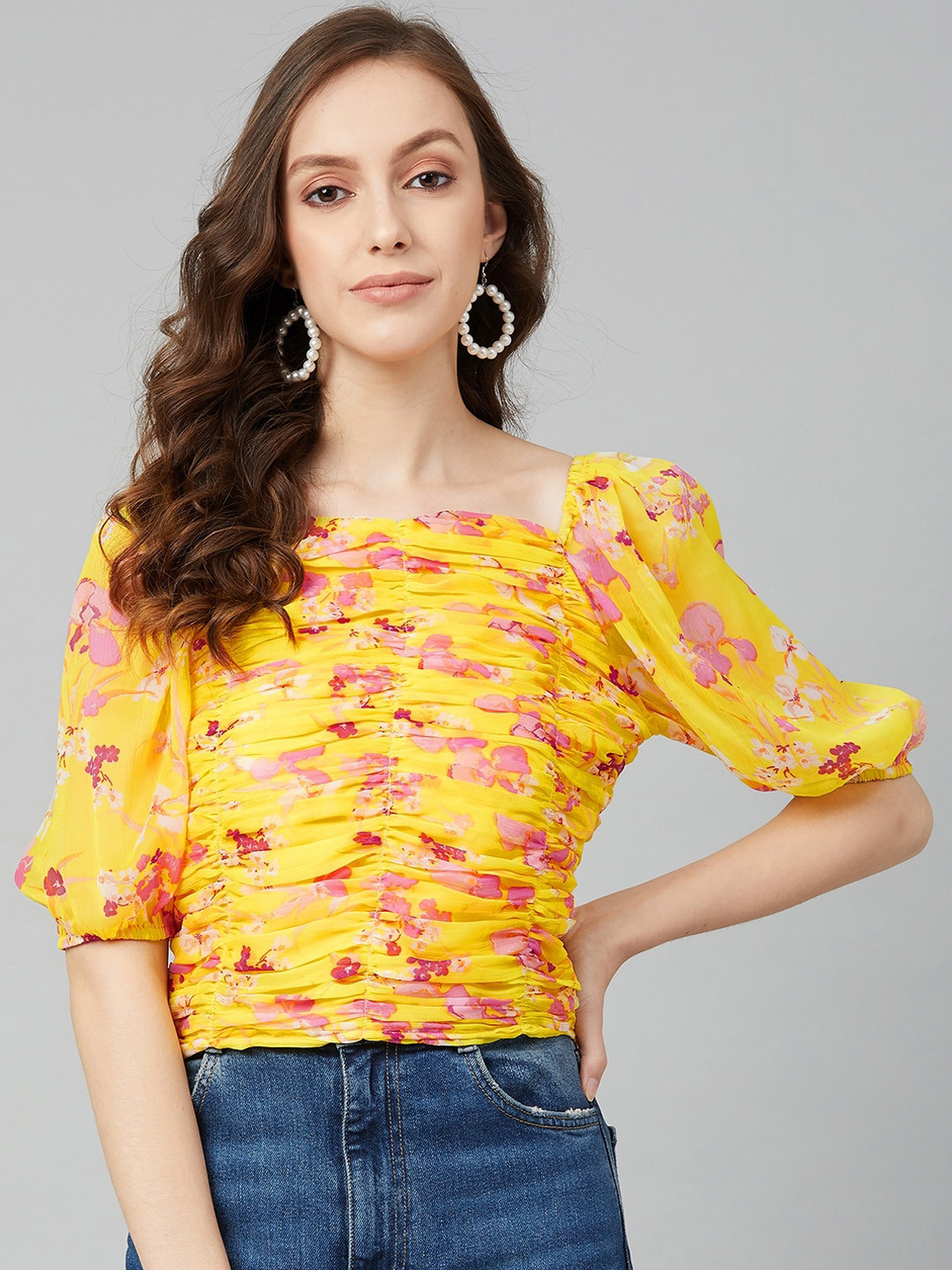 RARE Yellow Floral Printed Puff Sleeves Chiffon Fitted Top