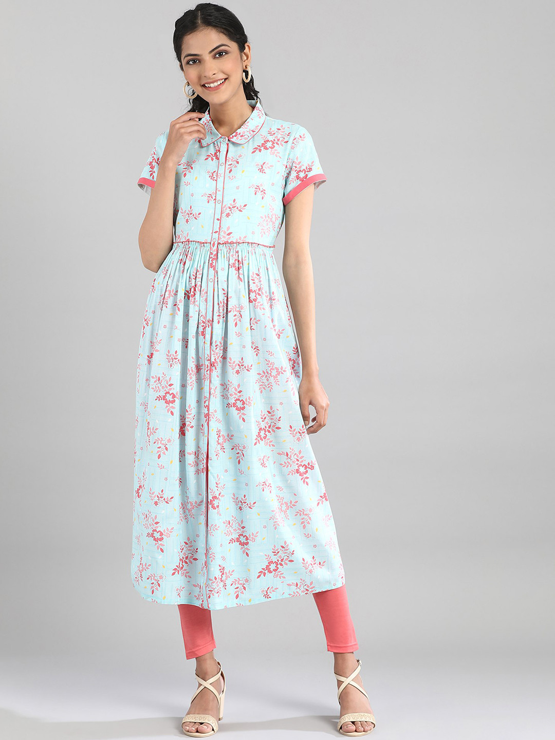 AURELIA Women Turquoise Blue & Pink Floral Printed Flared Sleeves Floral Kurta
