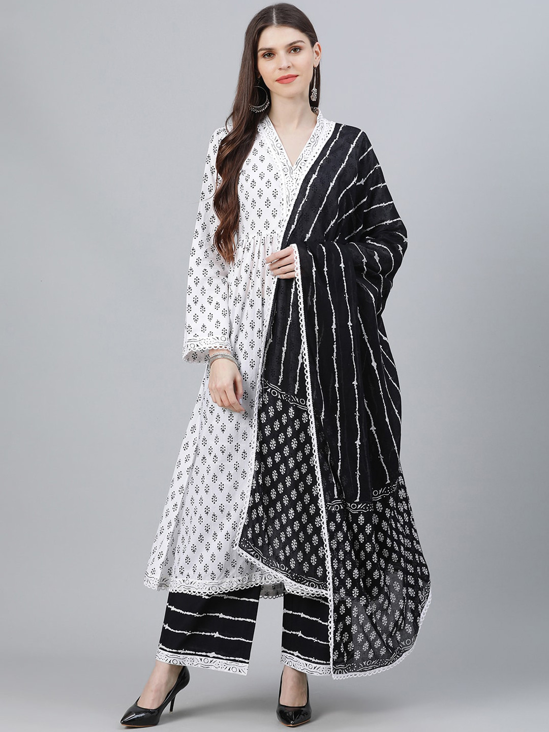 Libas Womens White Printed Cotton Anarkali Kurta With Palazzos & Dupatta