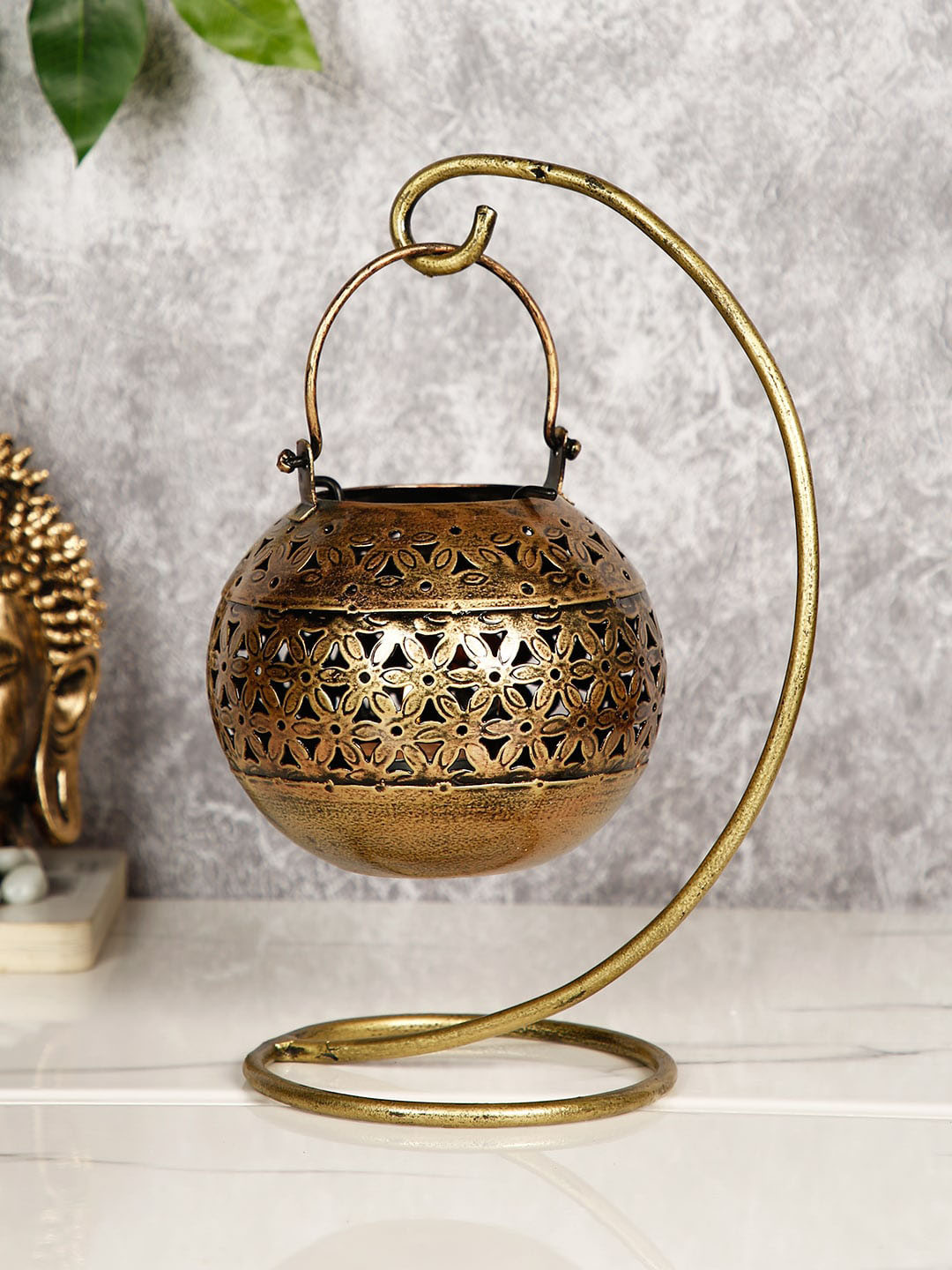 CraftVatika Tealight Candle Holder Gold Metal Metallic Living Room Lights Small Showpiece - 10.5 Inches