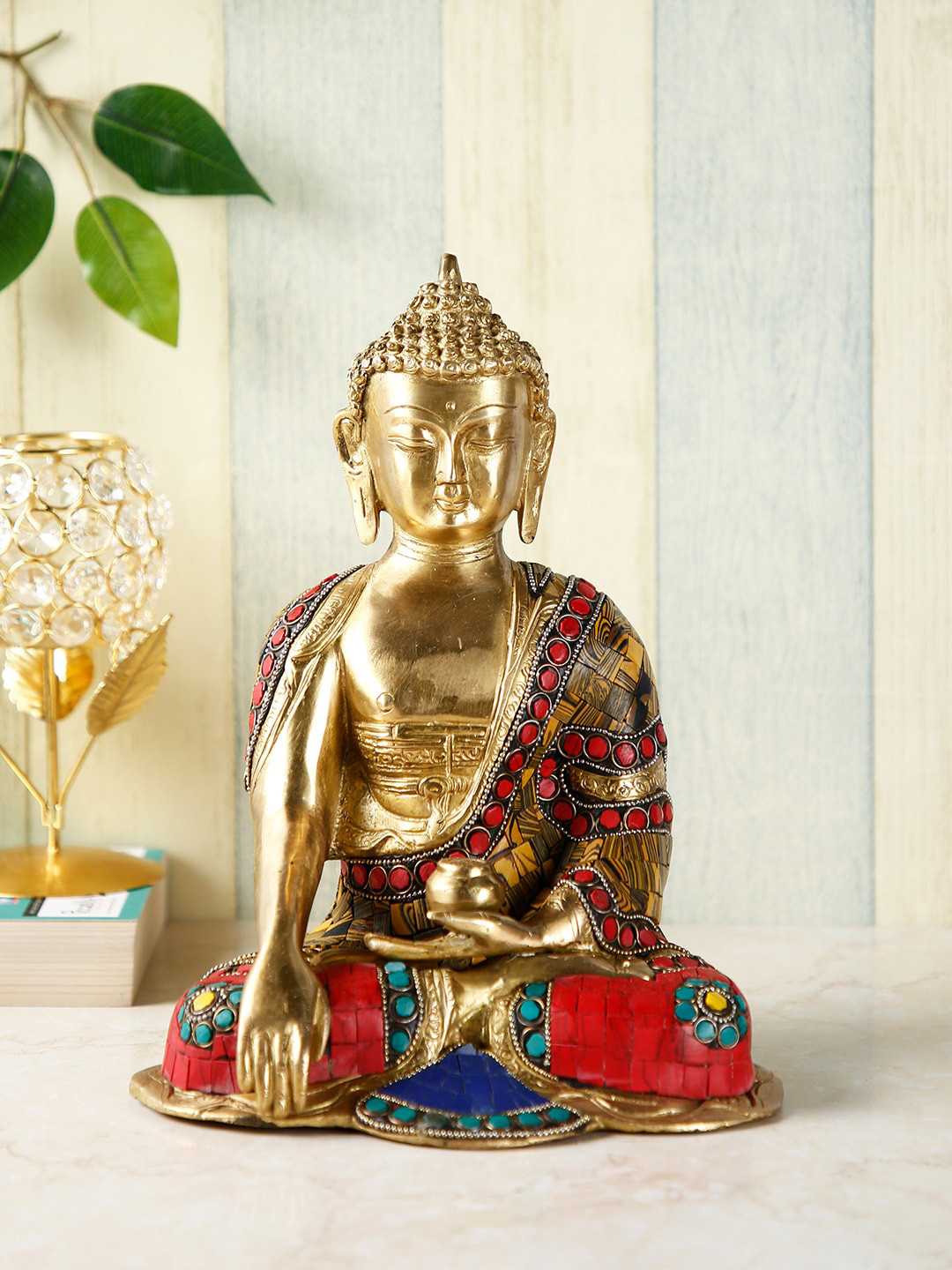 CraftVatika Buddha Kalash Buddhism Gold Brass Metallic Living Room Medium Showpiece - 10 Inches