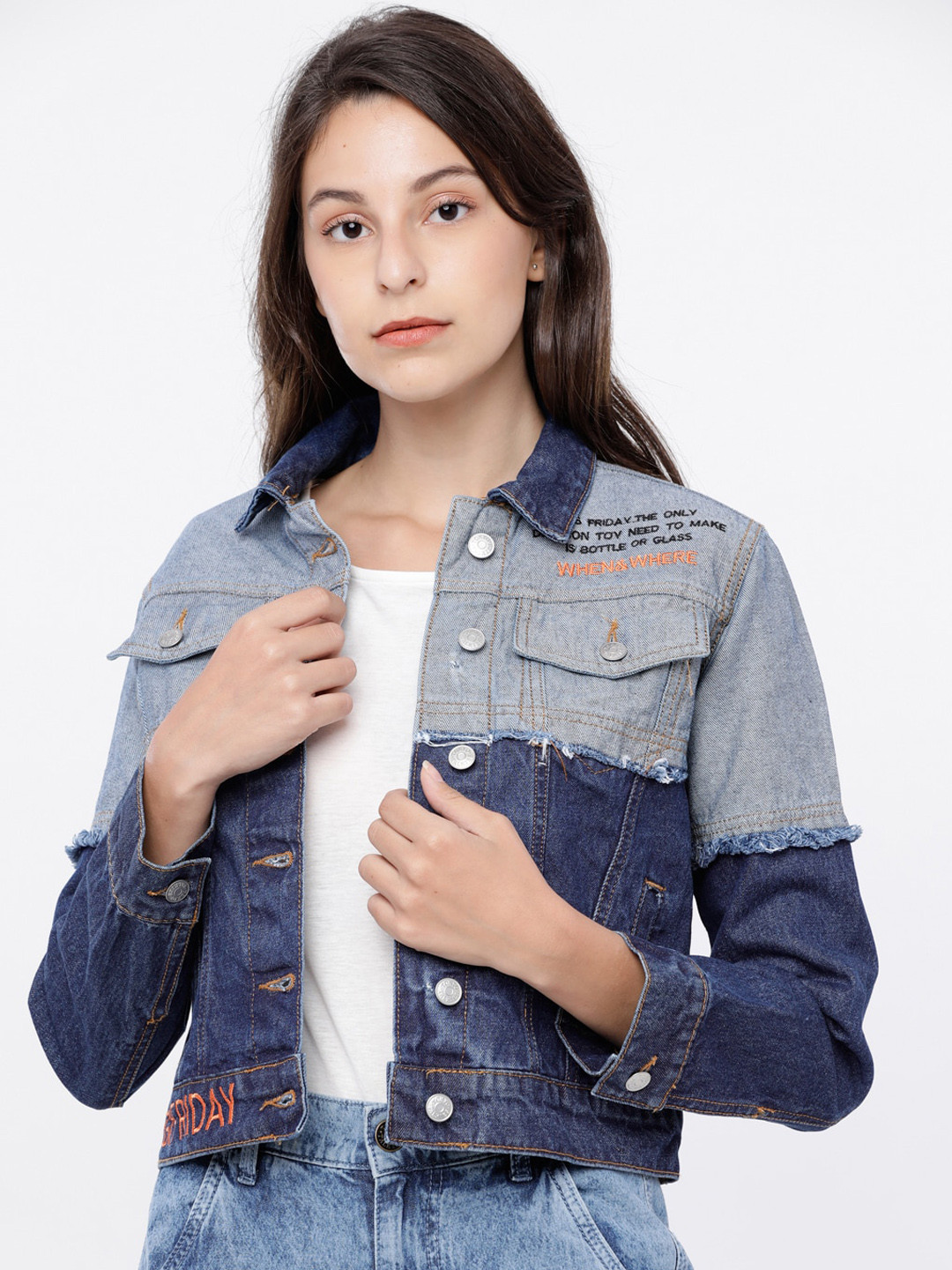 Tokyo Talkies Women Blue Colourblocked Cropped Denim Jacket