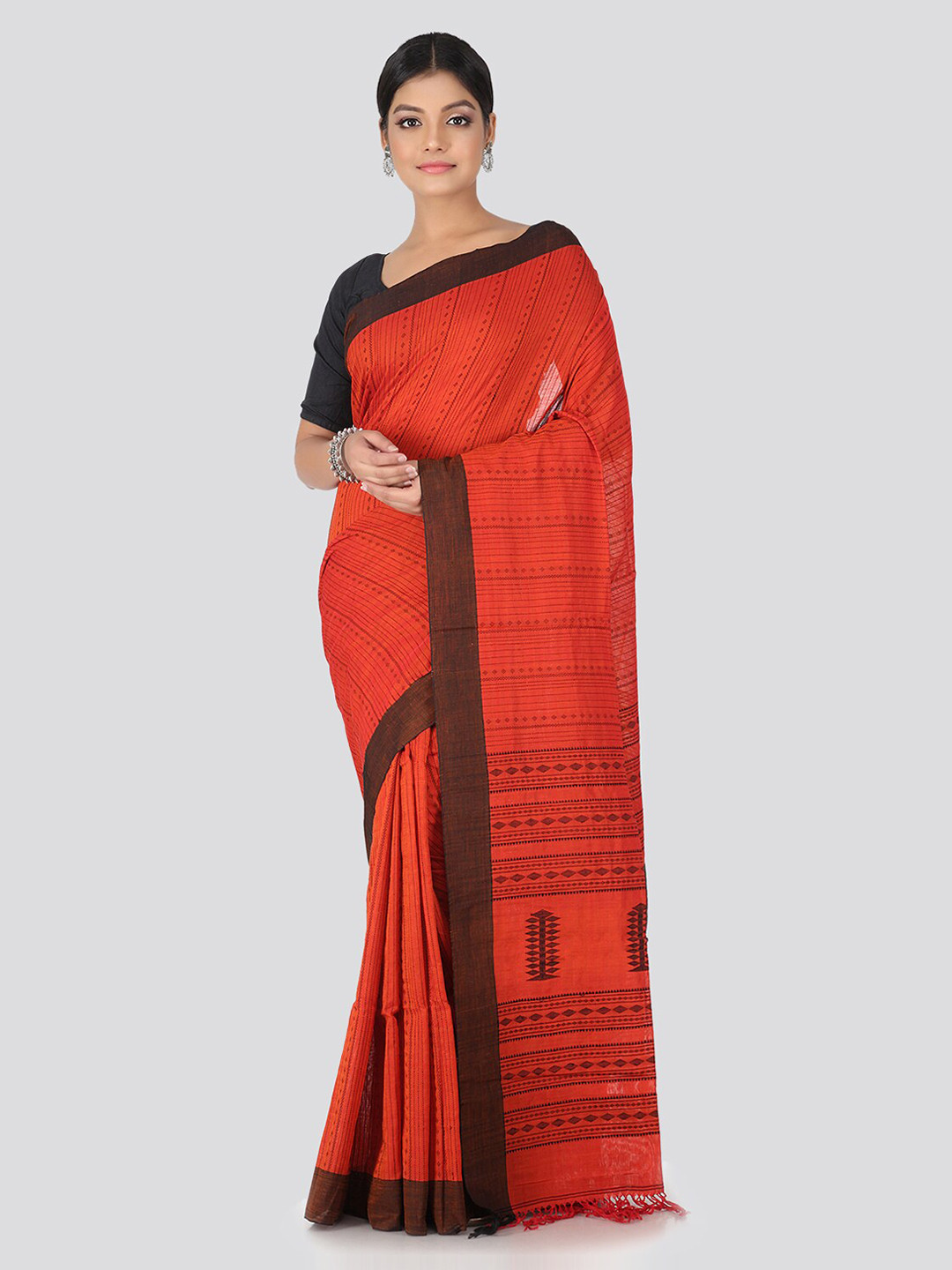 PinkLoom Orange & Black Pure Cotton Woven Design Handloom Sustainable Saree