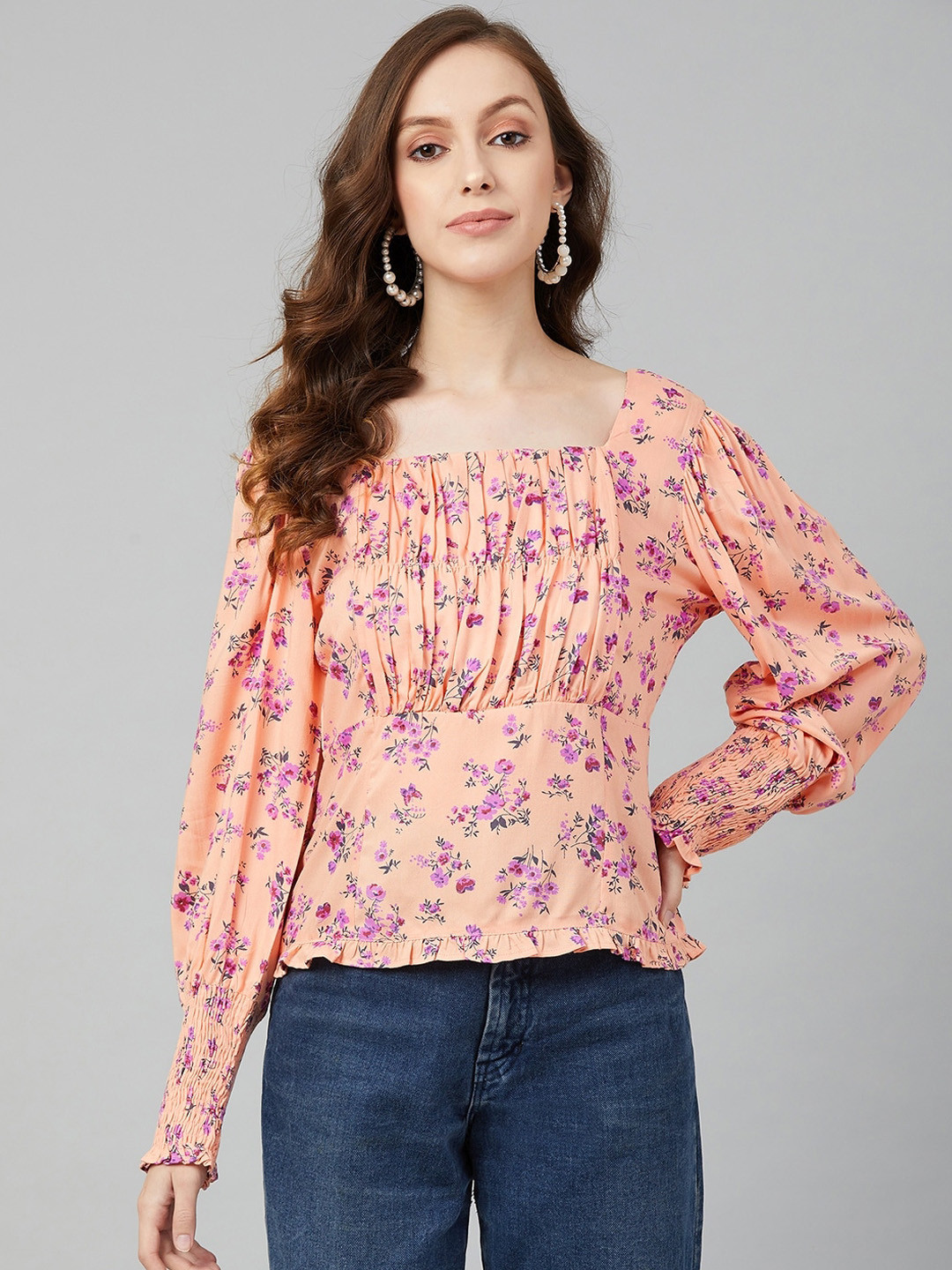 Marie Claire Pink Floral Printed Bishop Sleeves Bardot Top