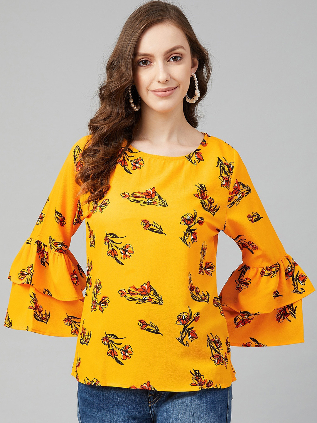 RARE Yellow Floral Printed Bell Sleeves Crepe Regular Top
