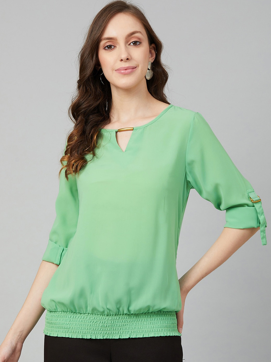 RARE Green Keyhole Neck Puff Sleeves Blouson Top